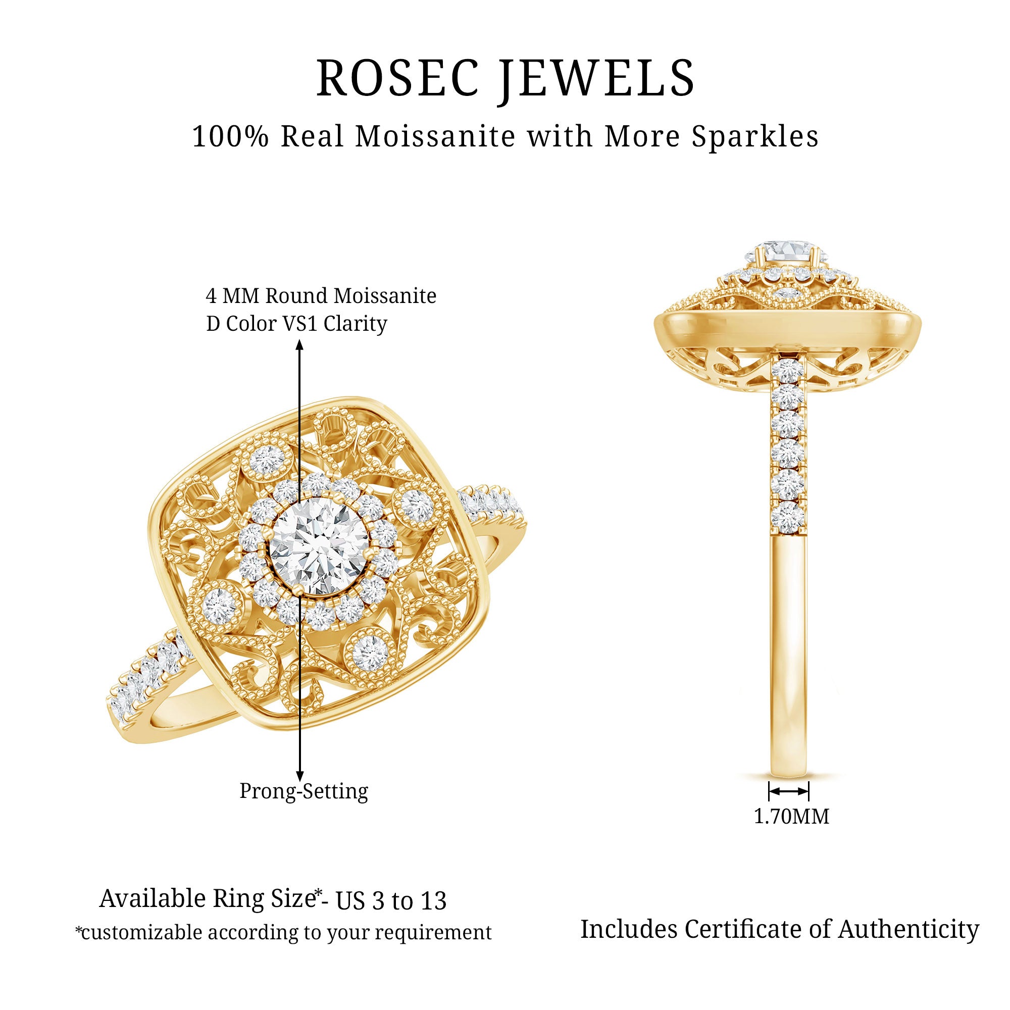 Moissanite Statement Engagement Ring with Milgrain Detailing D-VS1 - Rosec Jewels