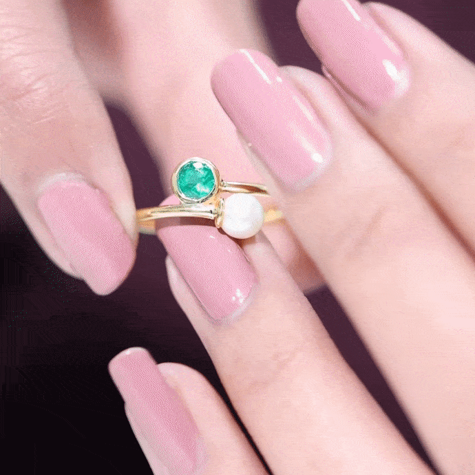Rosec Jewels-Real Freshwater Pearl and Emerald Toi et Moi Promise Ring