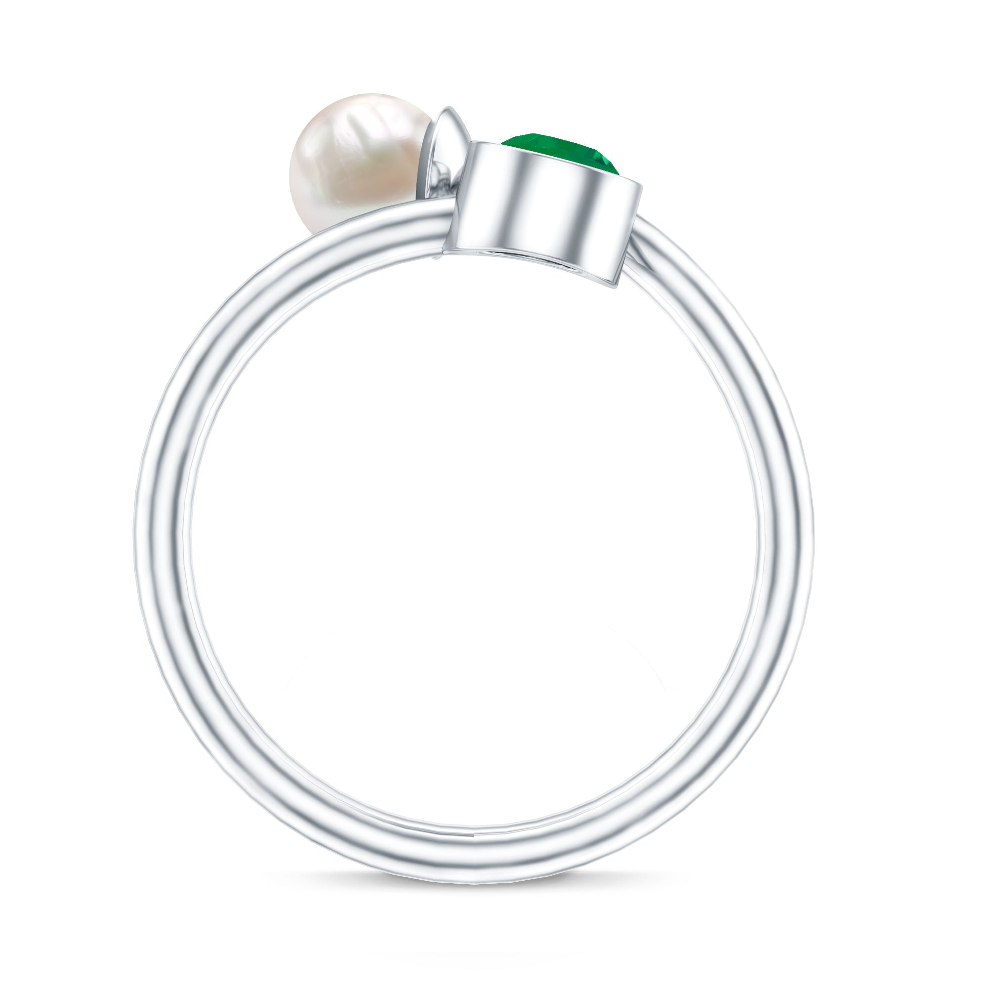 Real Freshwater Pearl and Emerald Toi et Moi Promise Ring AAA - Rosec Jewels