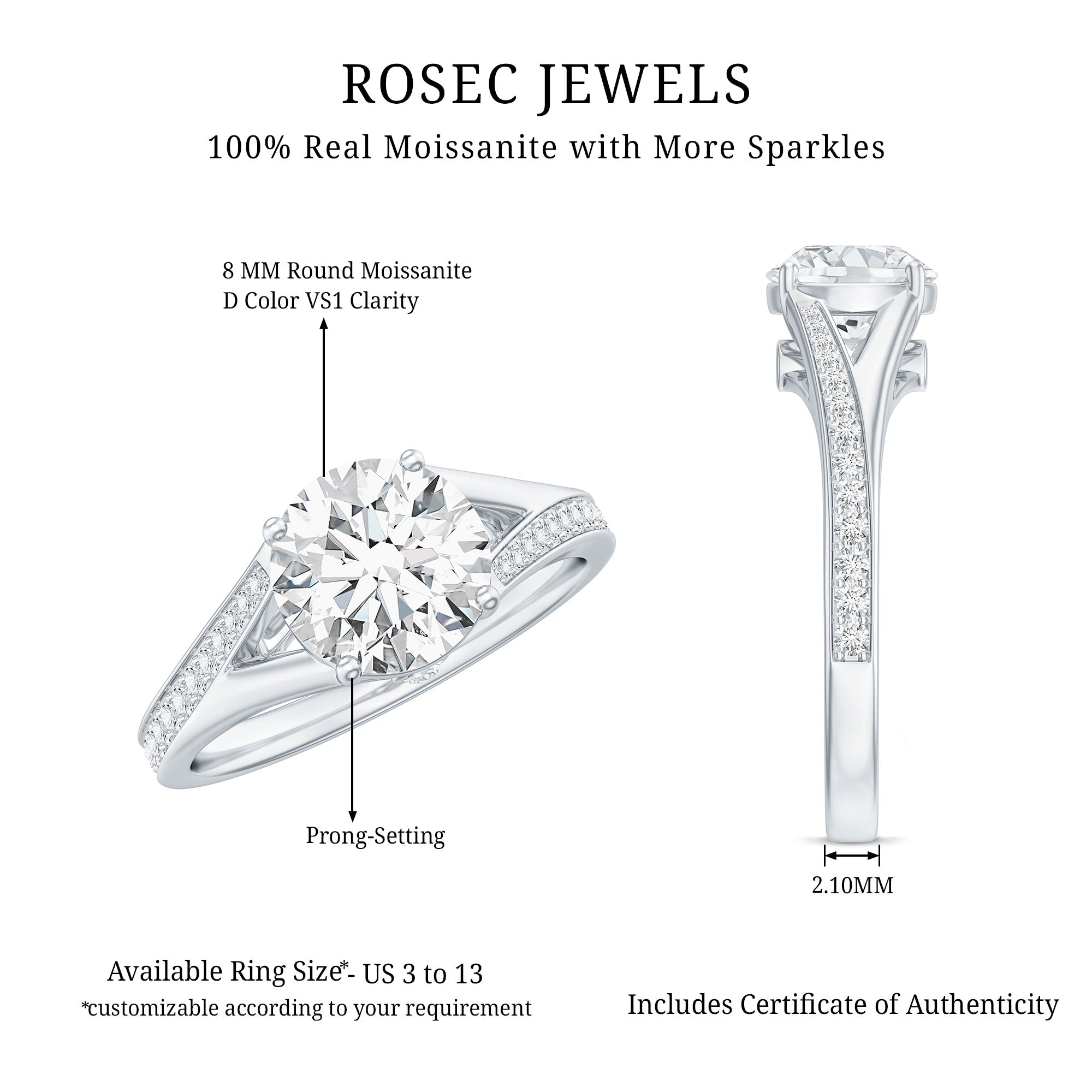 Round Moissanite Solitaire Engagement Ring with Split Shank D-VS1 - Rosec Jewels