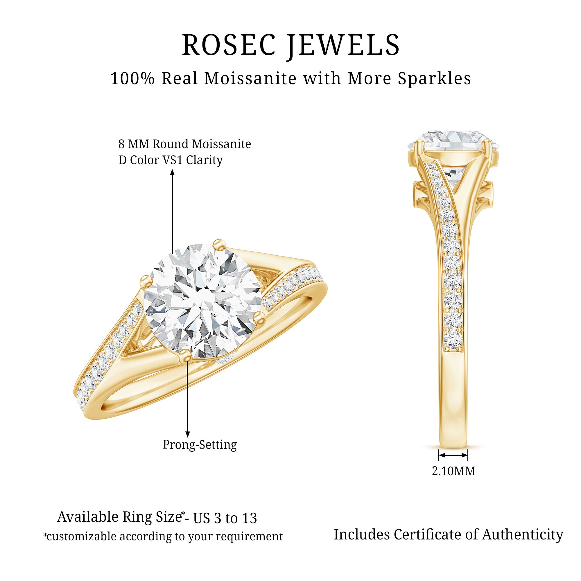Round Moissanite Solitaire Engagement Ring with Split Shank D-VS1 - Rosec Jewels