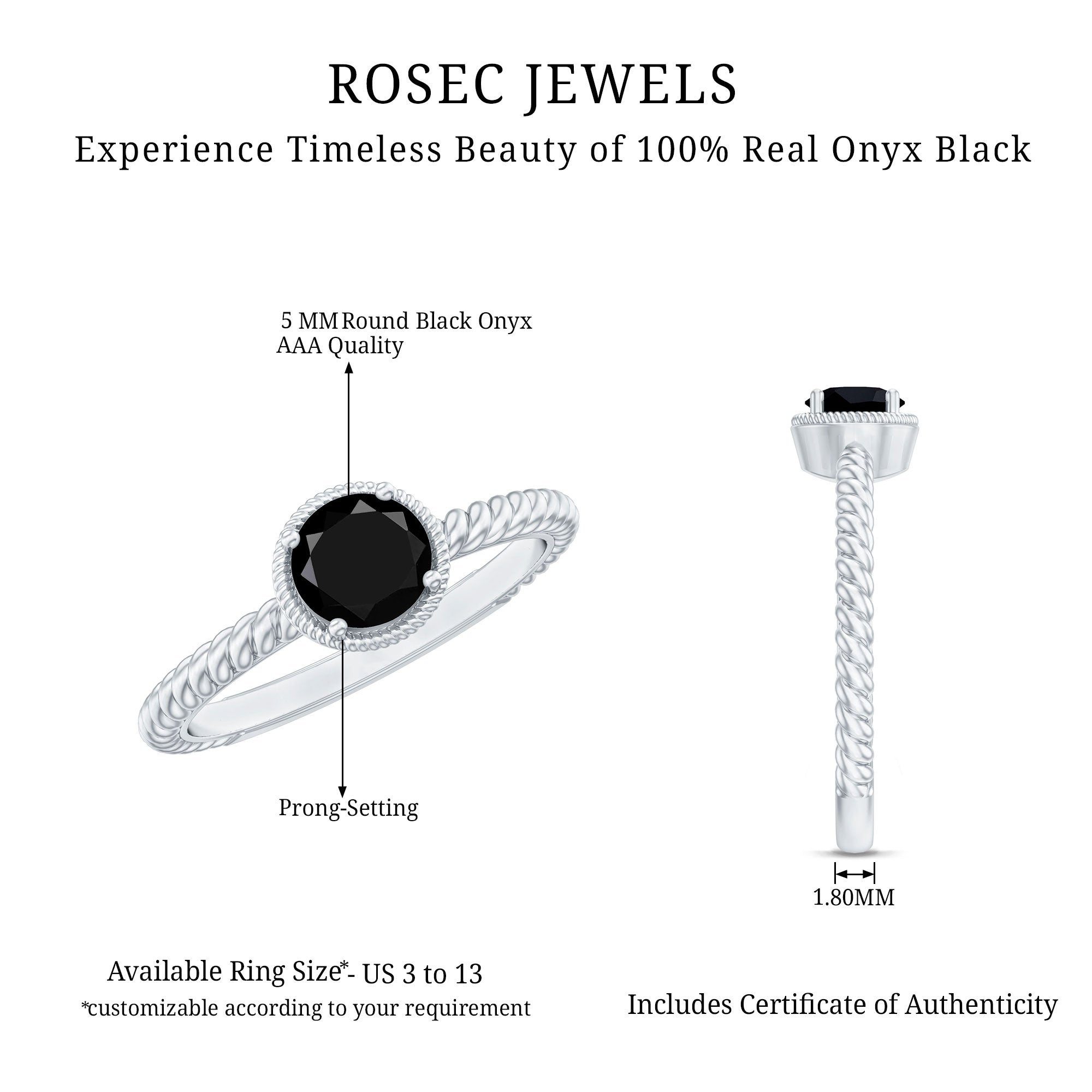 Rosec Jewels-Solitaire 6MM Black Onyx Engagement Ring with Twisted Rope Design