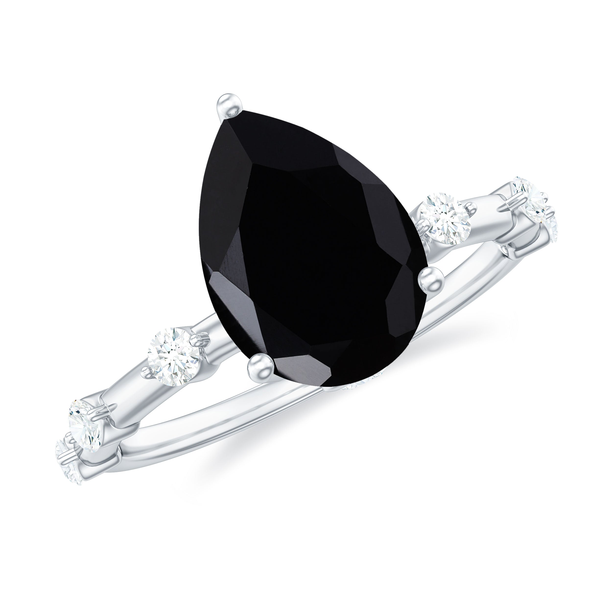 Pear Shape Black Onyx Solitaire Engagement Ring with Diamond Black Onyx - ( AAA ) - Quality - Rosec Jewels