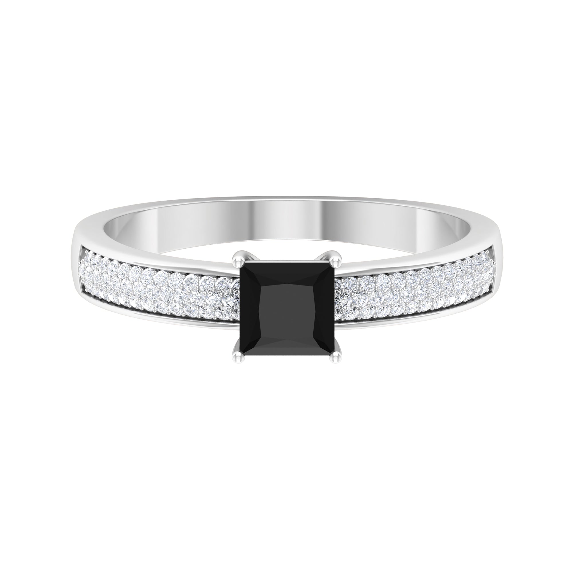 Princess Cut Black Spinel Engagement Ring with Diamond Side Stones