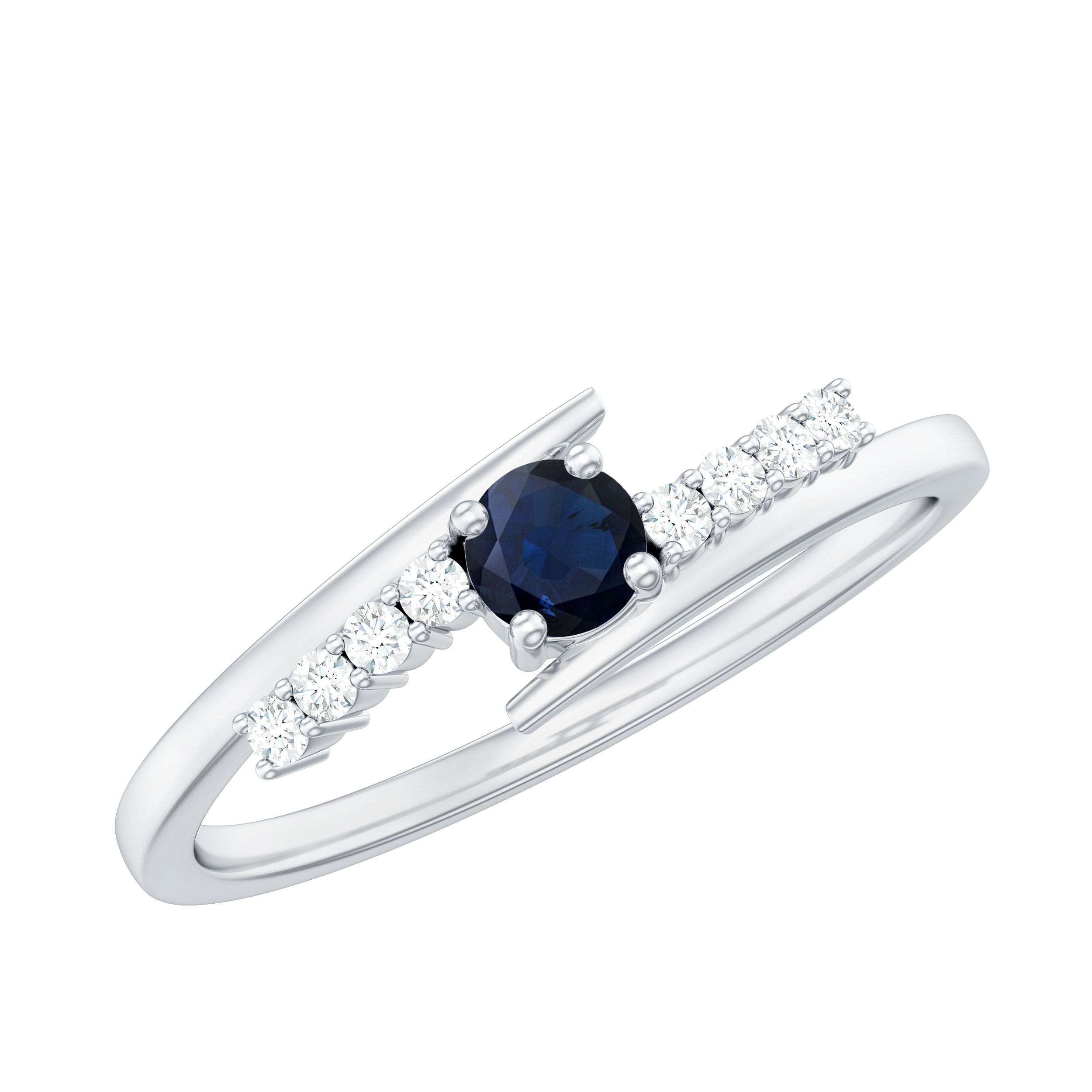 Minimal Round Blue Sapphire and Diamond Bypass Promise Ring Blue Sapphire - ( AAA ) - Quality - Rosec Jewels