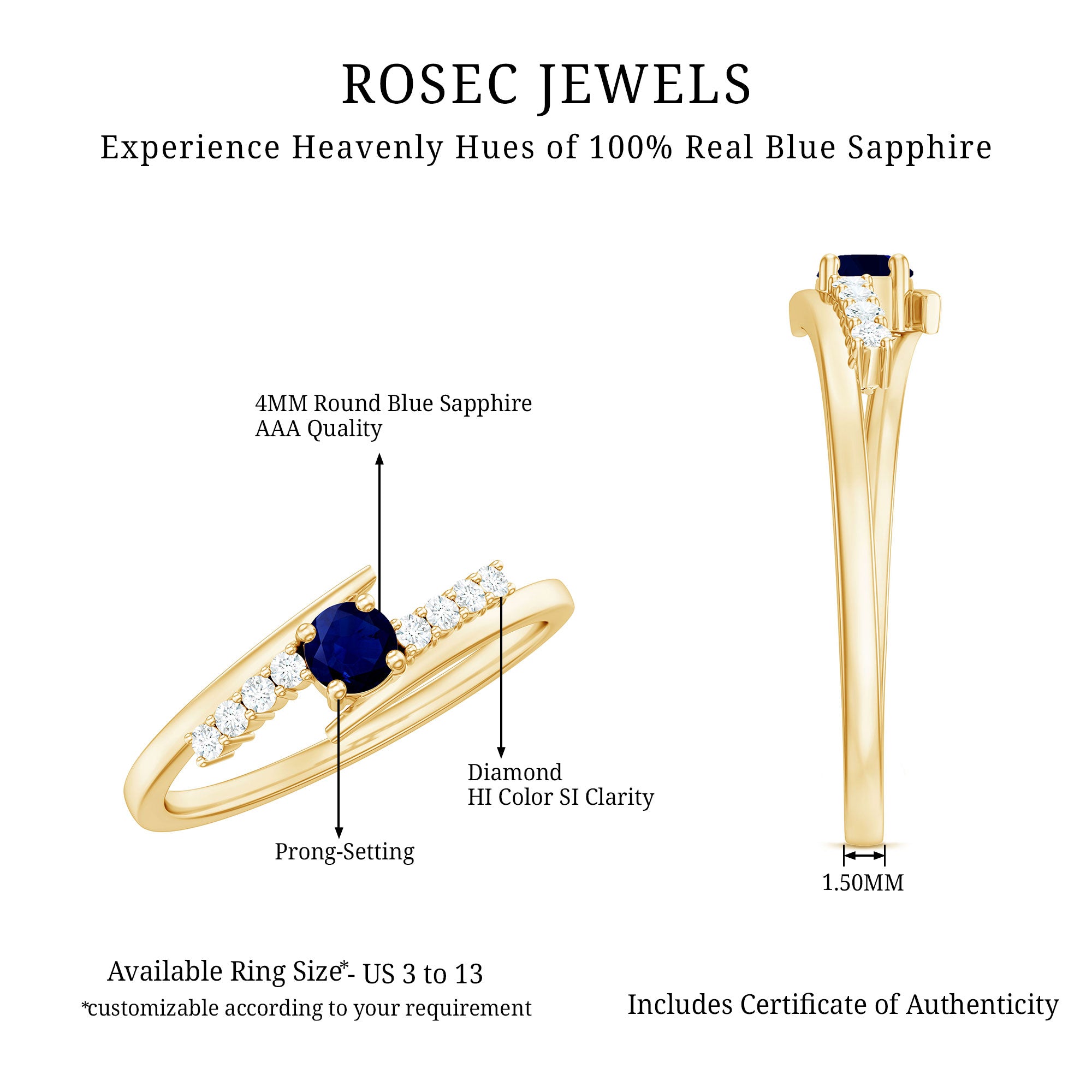 Real Blue Sapphire Promise Ring with Diamond Bypass Shank AAA - Rosec Jewels