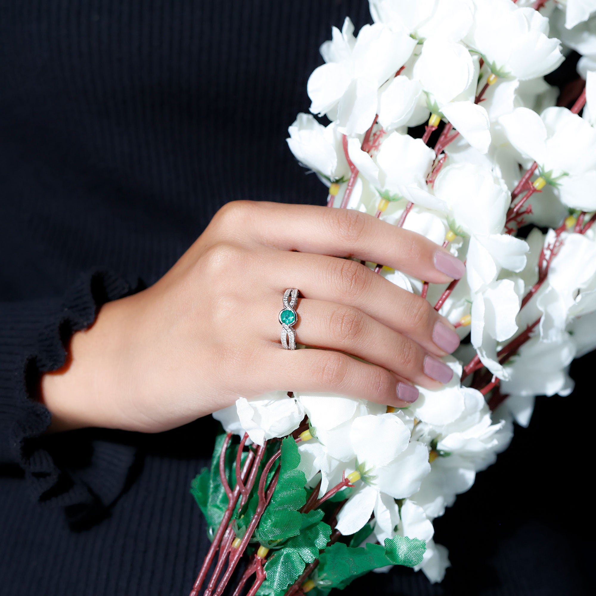 Round Cut Genuine Emerald and Diamond Designer Engagement Ring AAA - Rosec Jewels