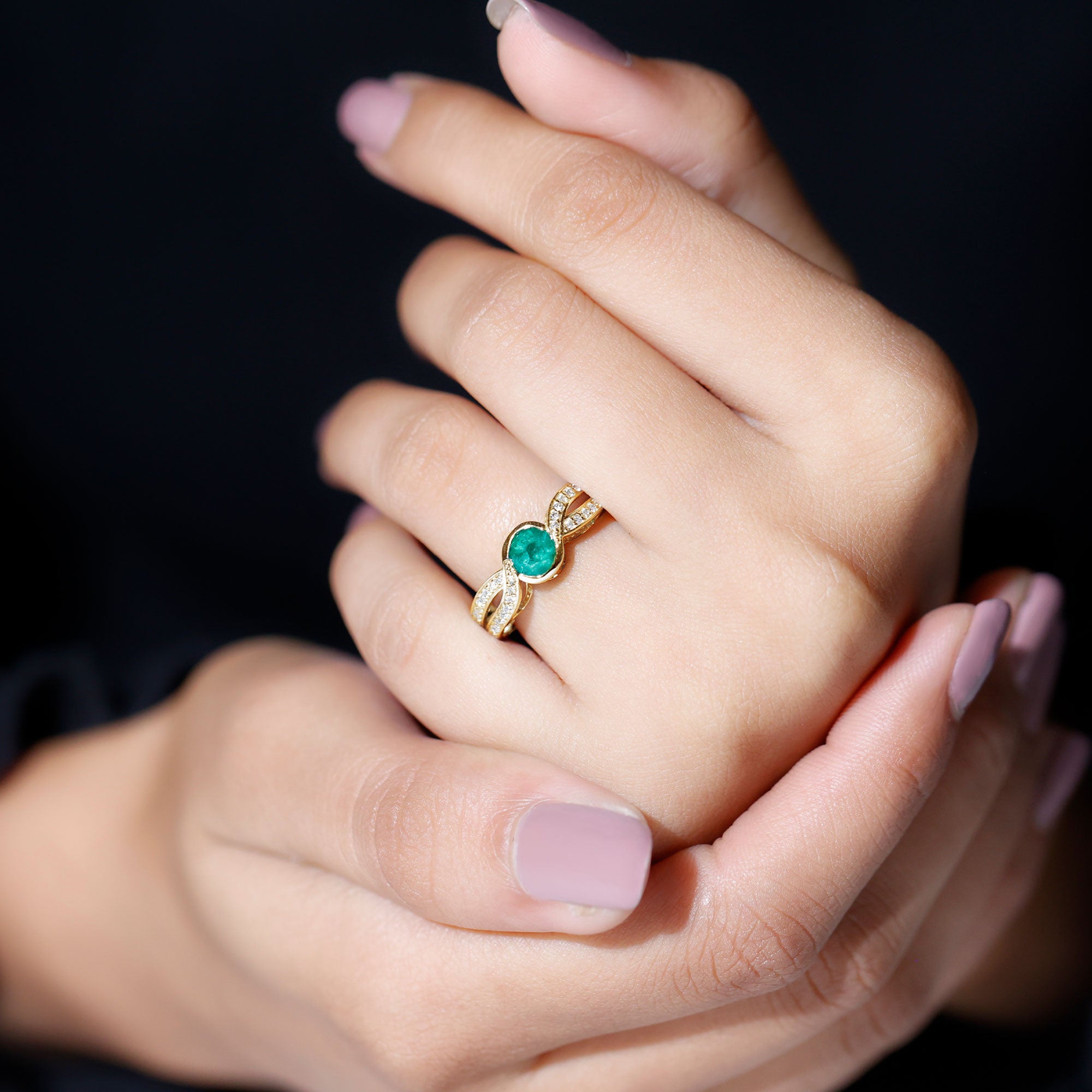 Round Cut Genuine Emerald and Diamond Designer Engagement Ring AAA - Rosec Jewels