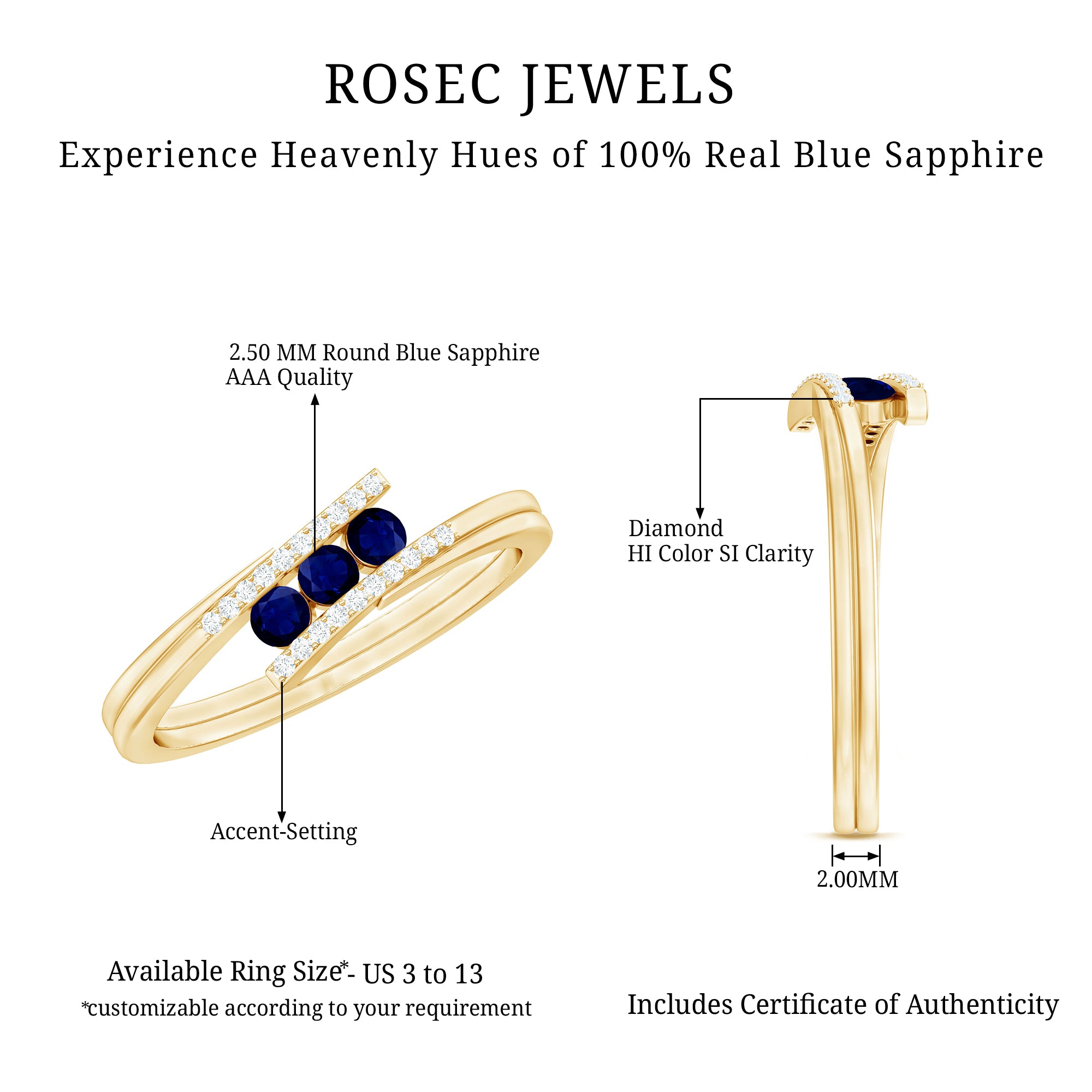 Natural Blue Sapphire 3 Stone Promise Ring with Diamond Bypass Shank AAA - Rosec Jewels