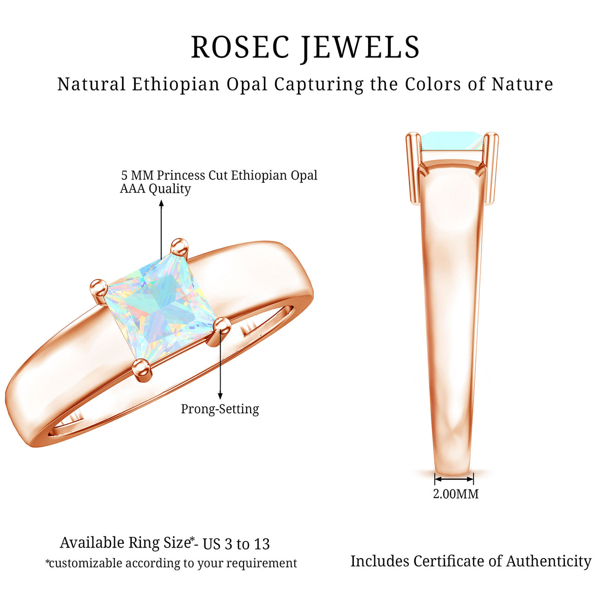 Certified Real Ethiopian Rainbow Opal Princess Cut Engagement Ring AAA - Rosec Jewels