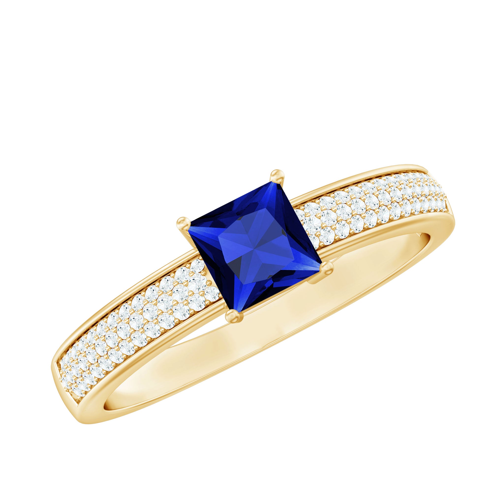 5mm Princess Cut Lab Created Blue Sapphire Promise Ring with Diamond AAAA - Rosec Jewels