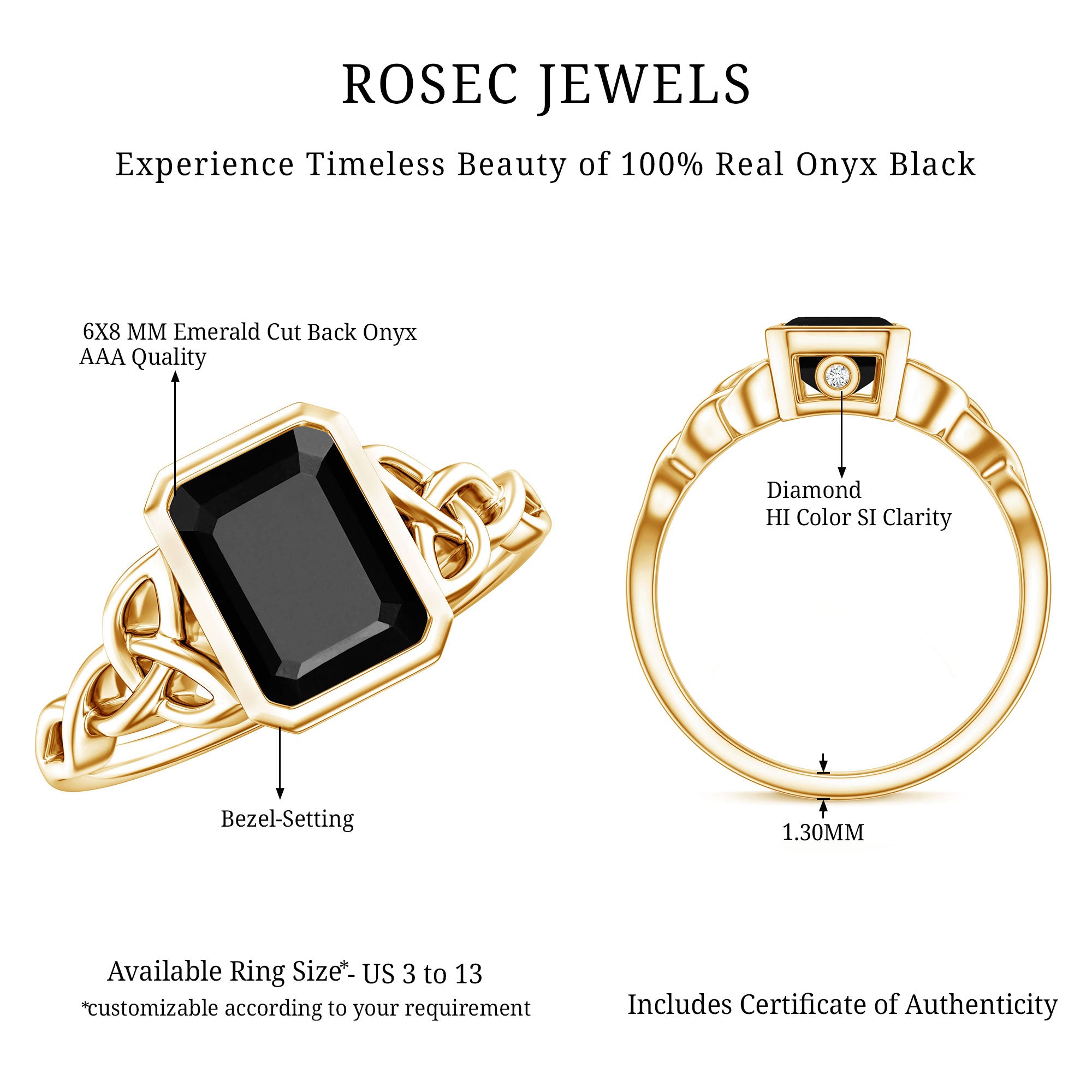 Emerald Cut Black Onyx Bezel Set Engagement Ring with Surprise Diamond AAA - Rosec Jewels