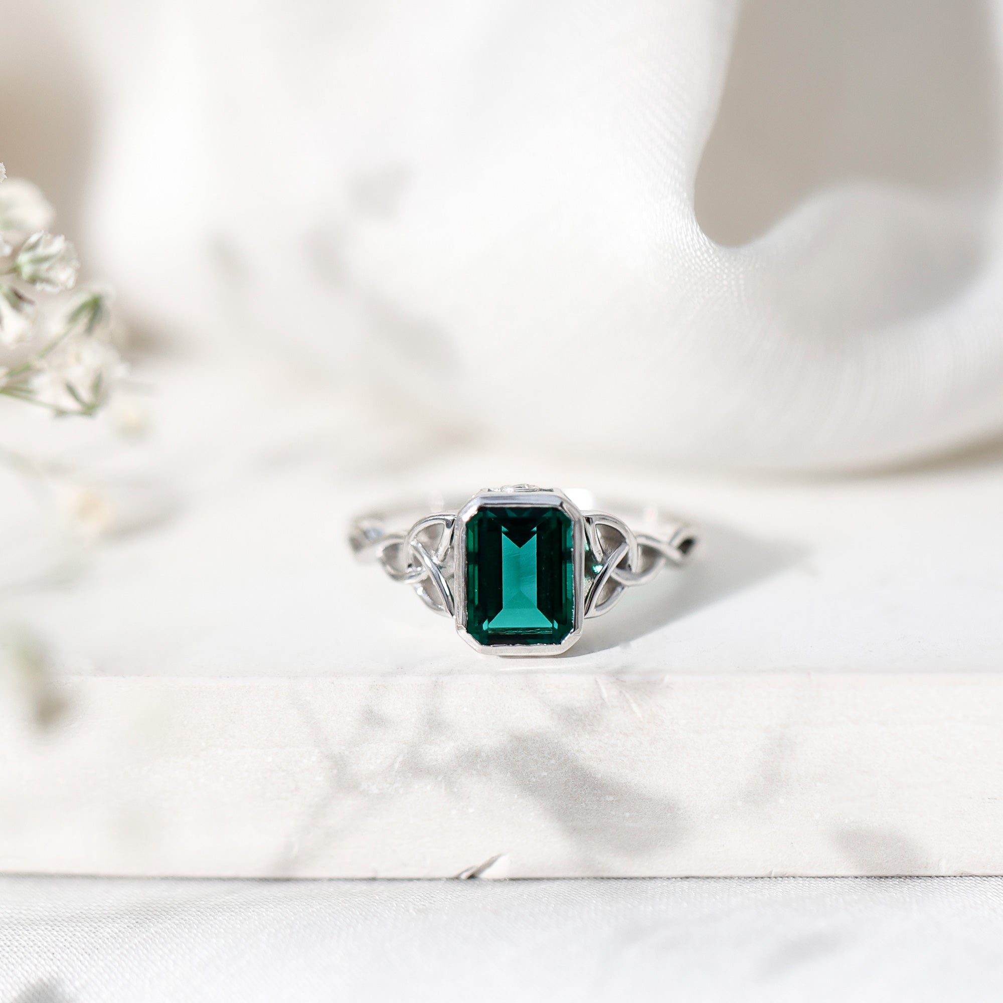 Certified Lab Grown Emerald Cut Emerald Engagement Ring with Celtic Knot AAAA - Rosec Jewels