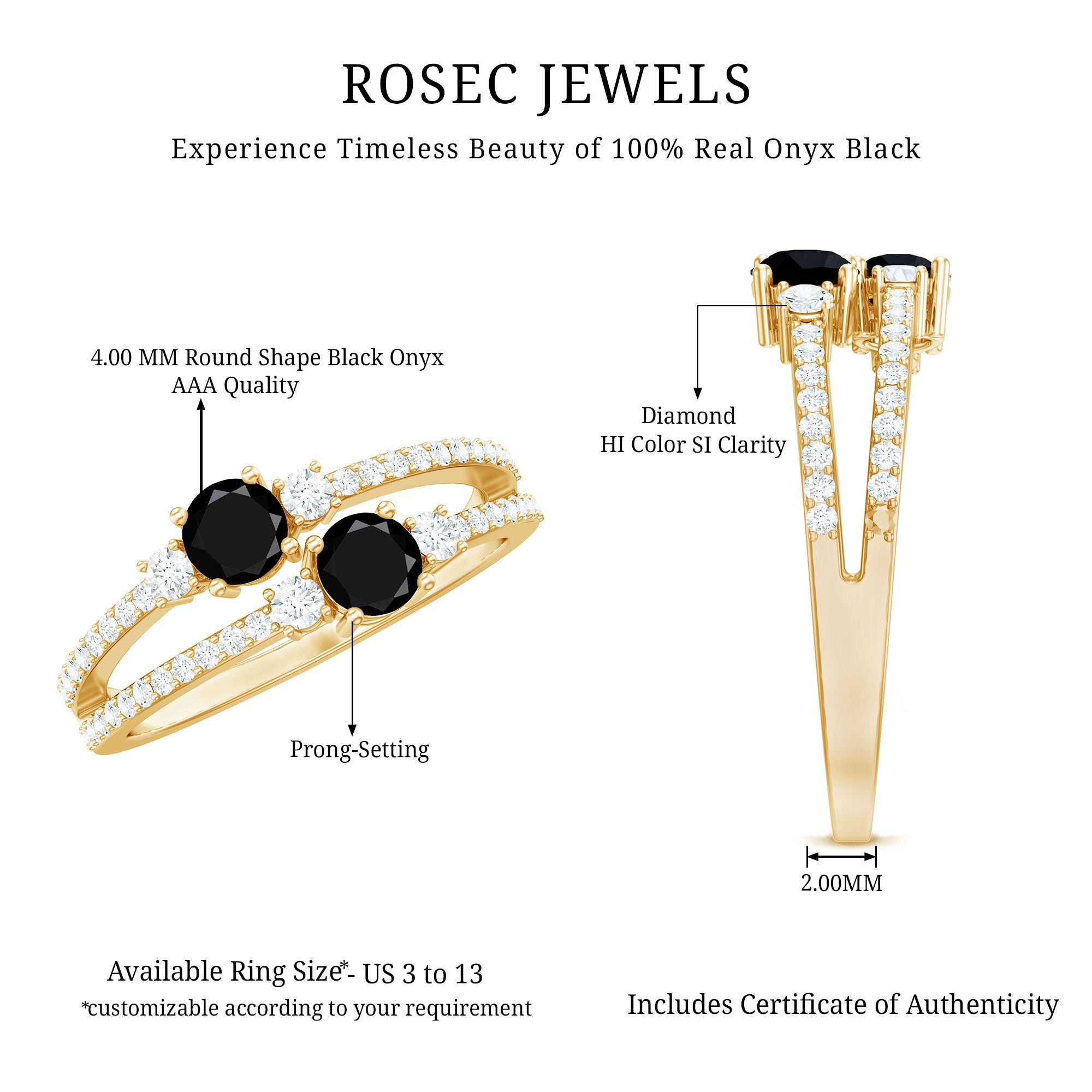 Rosec Jewels-Genuine Black Onyx Two Stone Promise Ring with Diamond