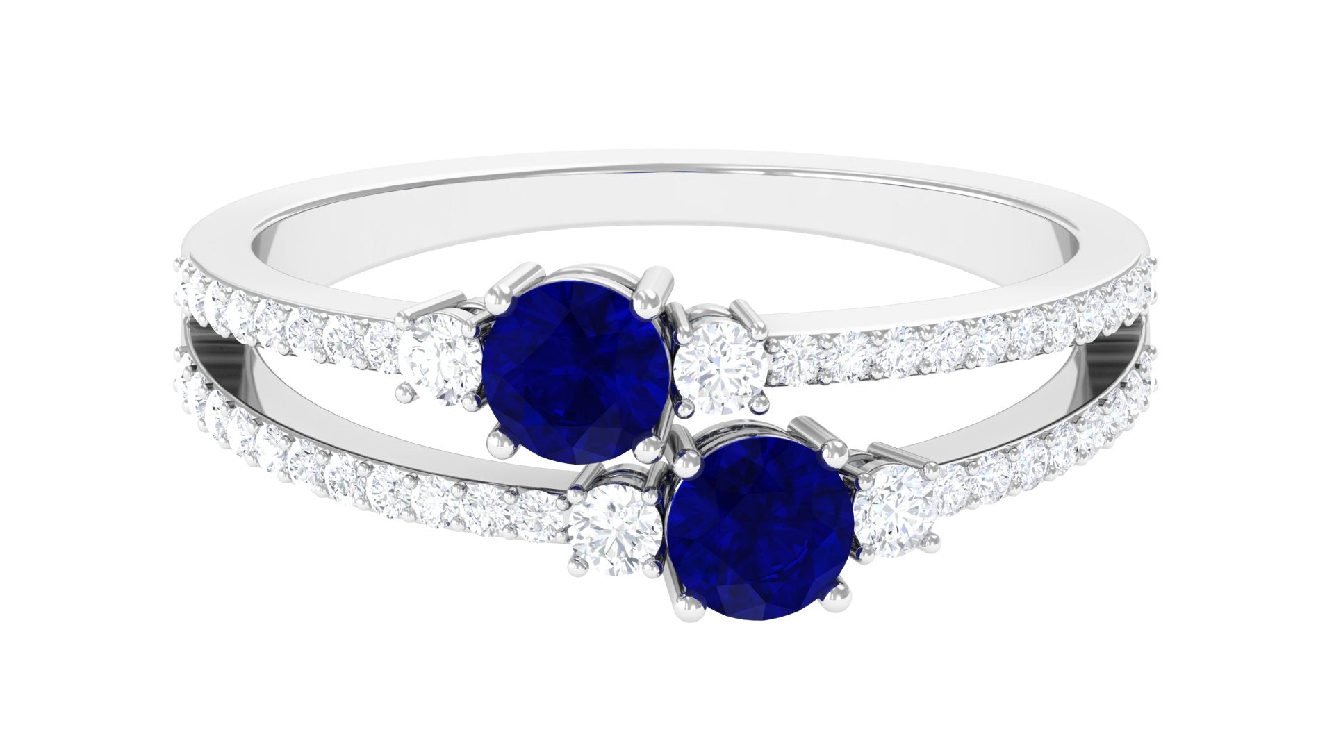 Real Blue Sapphire Two Stone Anniversary Ring with Diamond