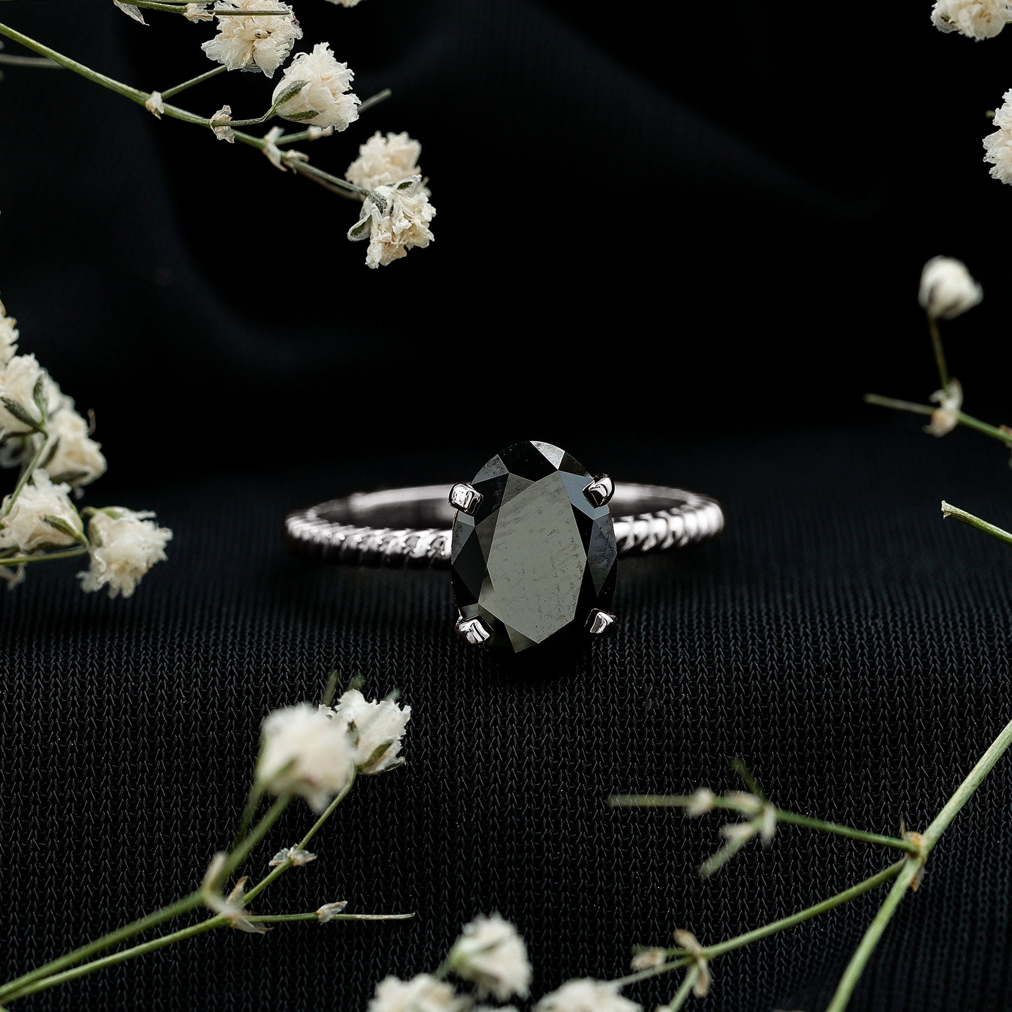 4.2 Carat Oval Lab Grown Black Diamond Solitaire Engagement Ring with Surprise White Diamond AAAA ( Synthetic ) - Rosec Jewels