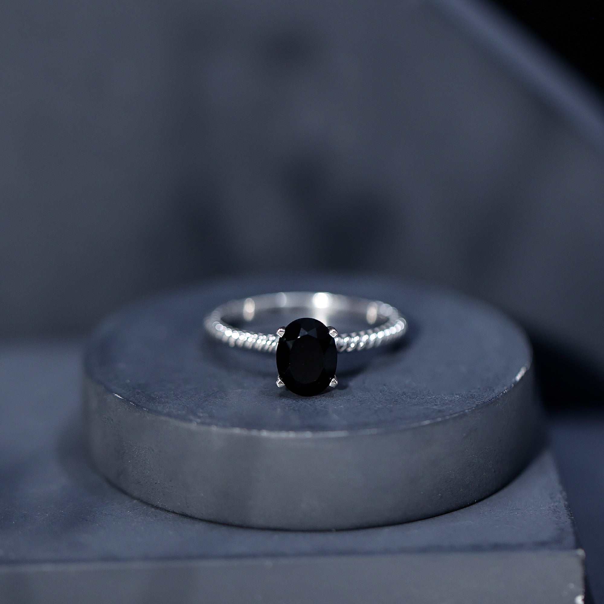 7X9mm Oval Cut Black Onyx Solitaire Engagement Ring with Diamond AAA - Rosec Jewels