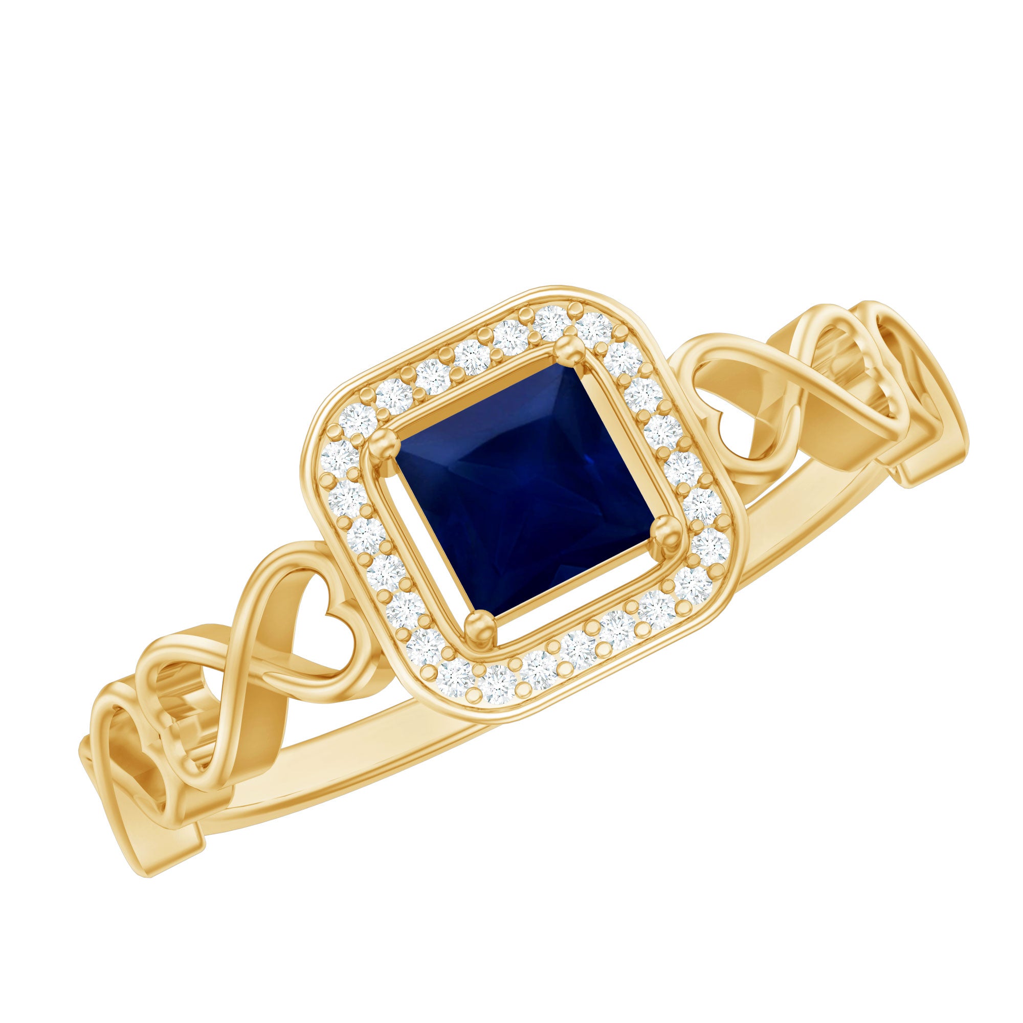 Natural Princess Cut Blue Sapphire Diamond Promise Ring with Infinity Heart Shank AAA - Rosec Jewels