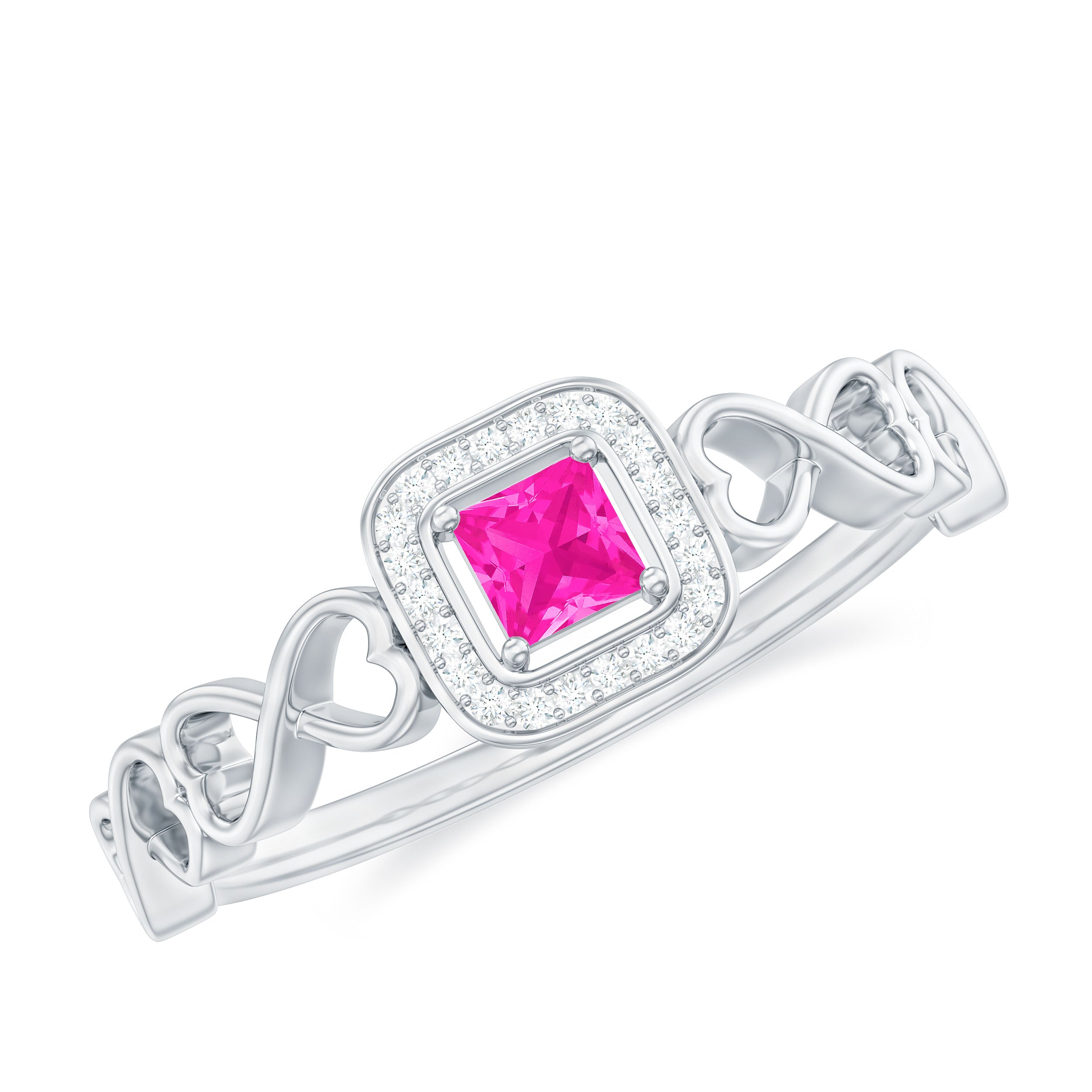 Princess Cut Pink Sapphire and Diamond Halo Promise Ring in Infinity Shank Pink Sapphire - ( AAA ) - Quality - Rosec Jewels