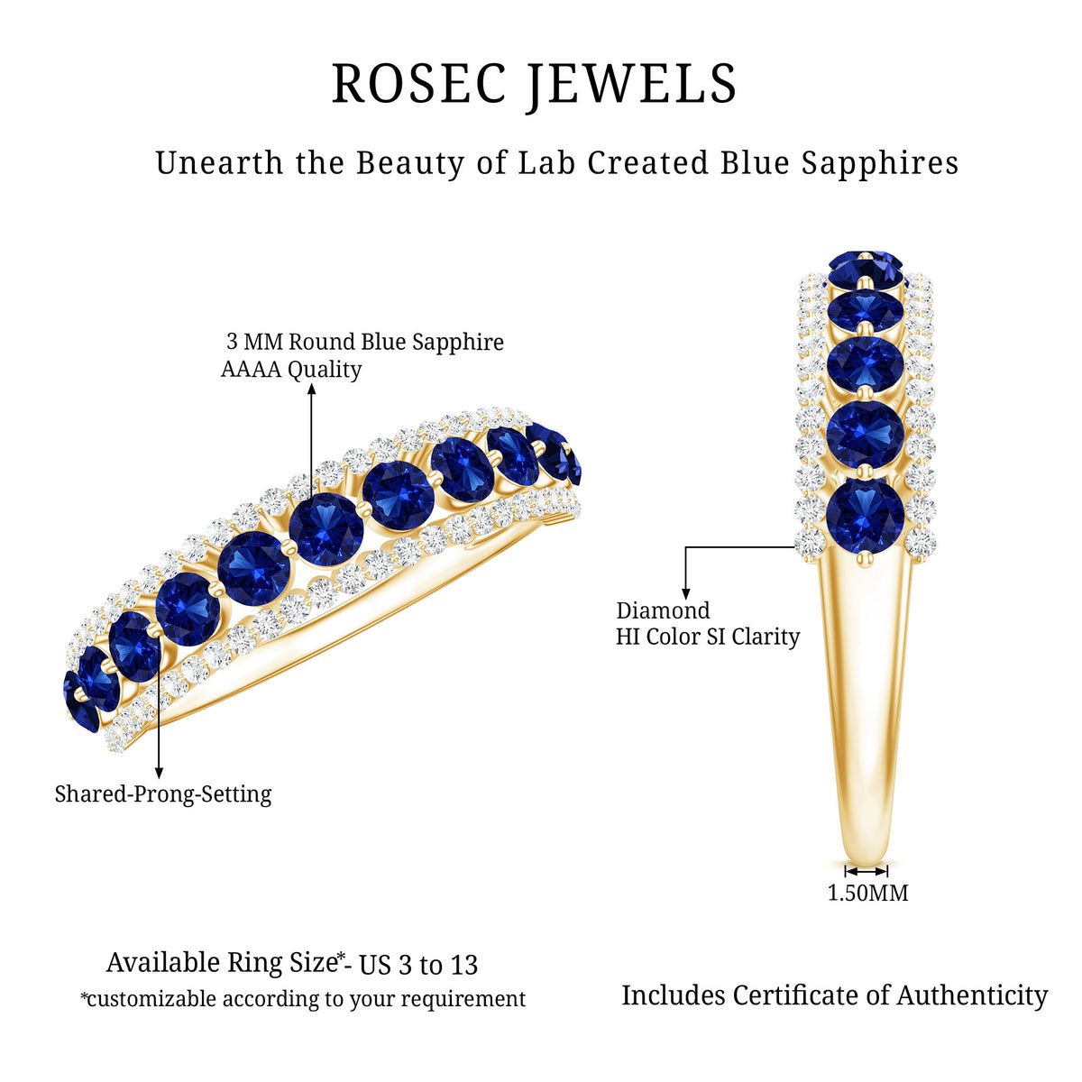 Certified Lab Grown Blue Sapphire Half Eternity Band Ring with Diamond AAAA - Rosec Jewels