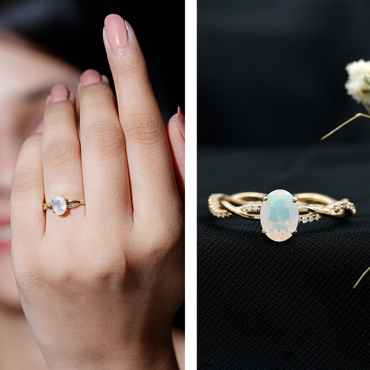 1 Carat Natural Opalescent Oval Engagement Ring with Diamond Braided Shank AAA - Rosec Jewels