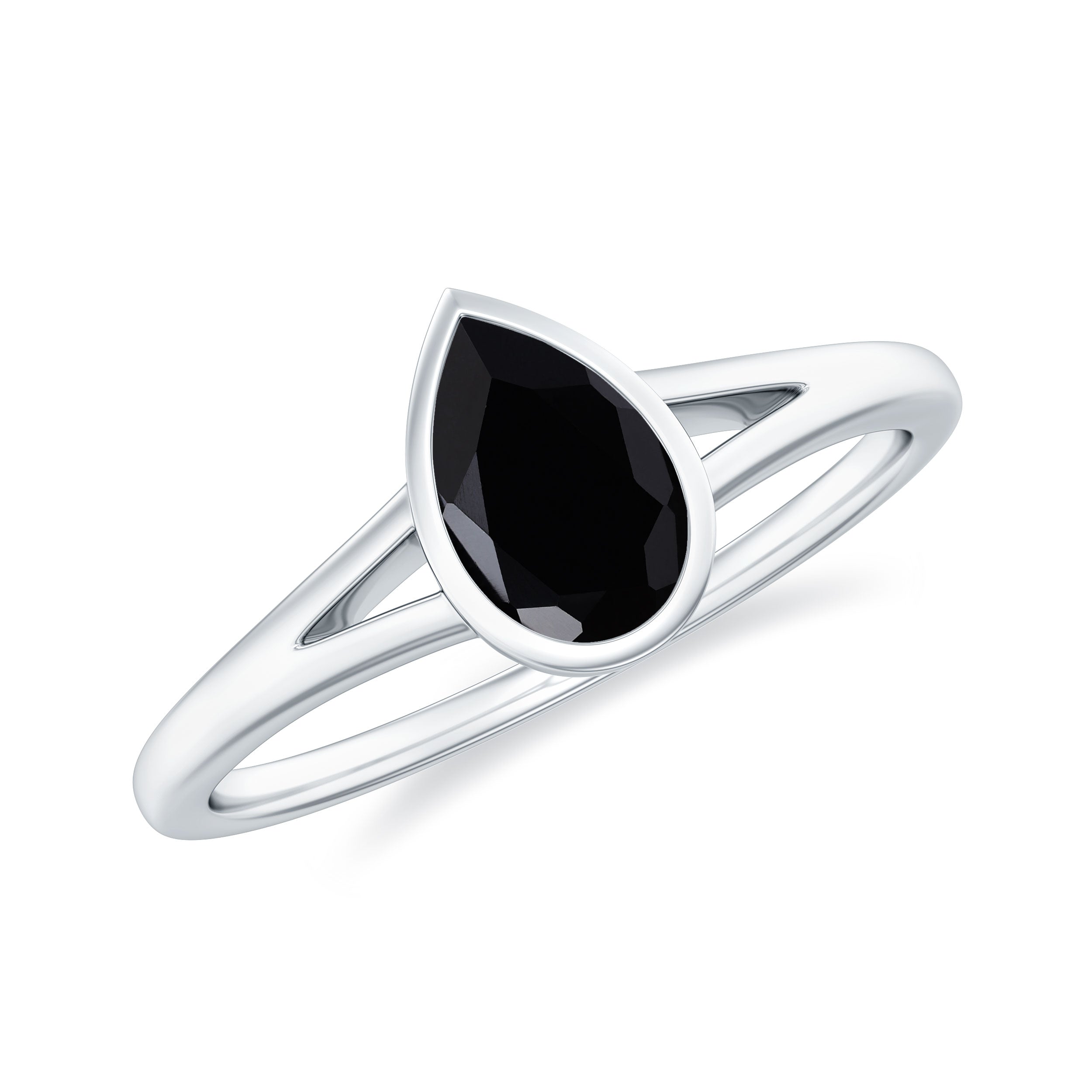 Pear Shape Black Onyx Solitaire Split Shank Ring Black Onyx - ( AAA ) - Quality - Rosec Jewels