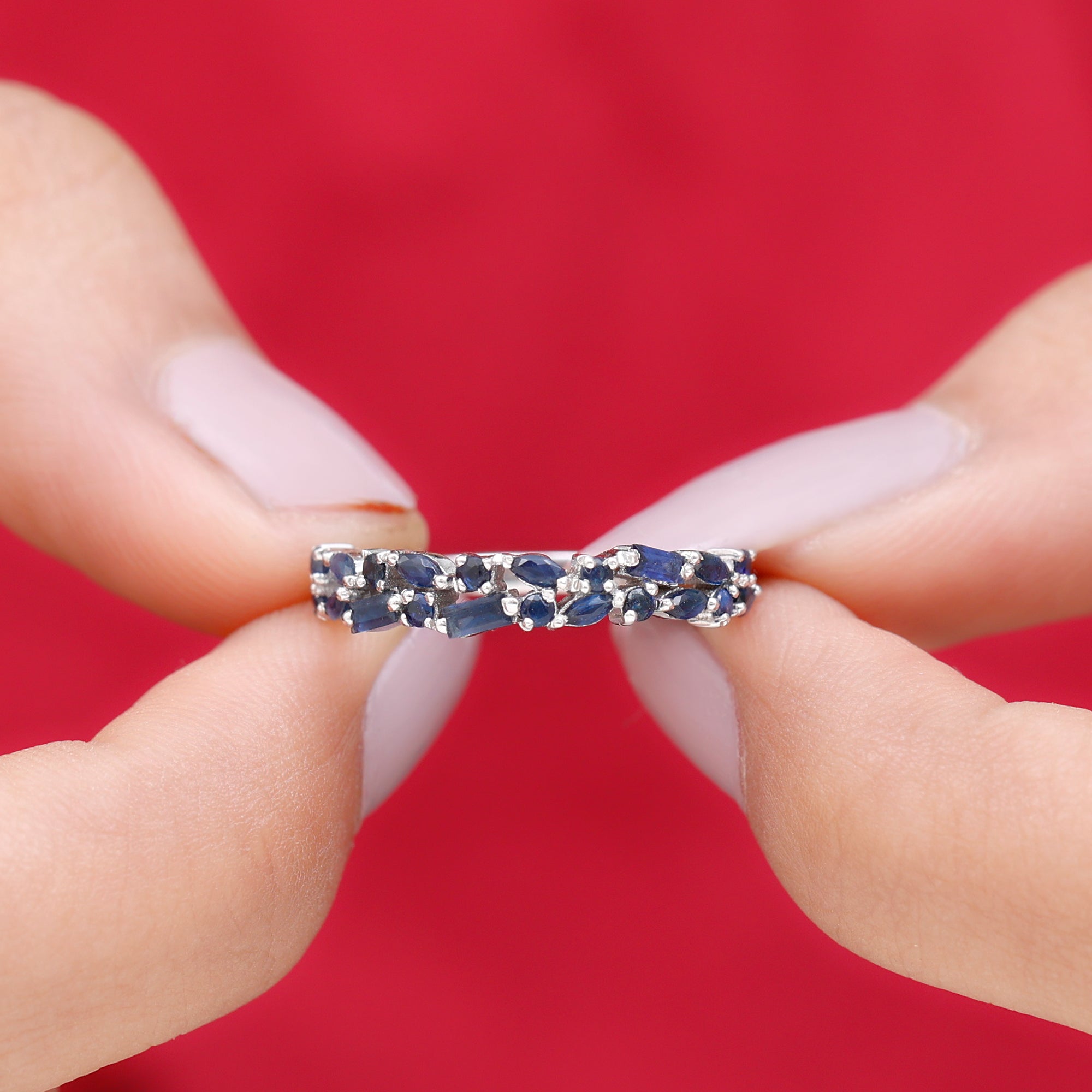 3/4 CT Blue Sapphire Cluster Half Eternity Band Ring Blue Sapphire - ( AAA ) - Quality - Rosec Jewels
