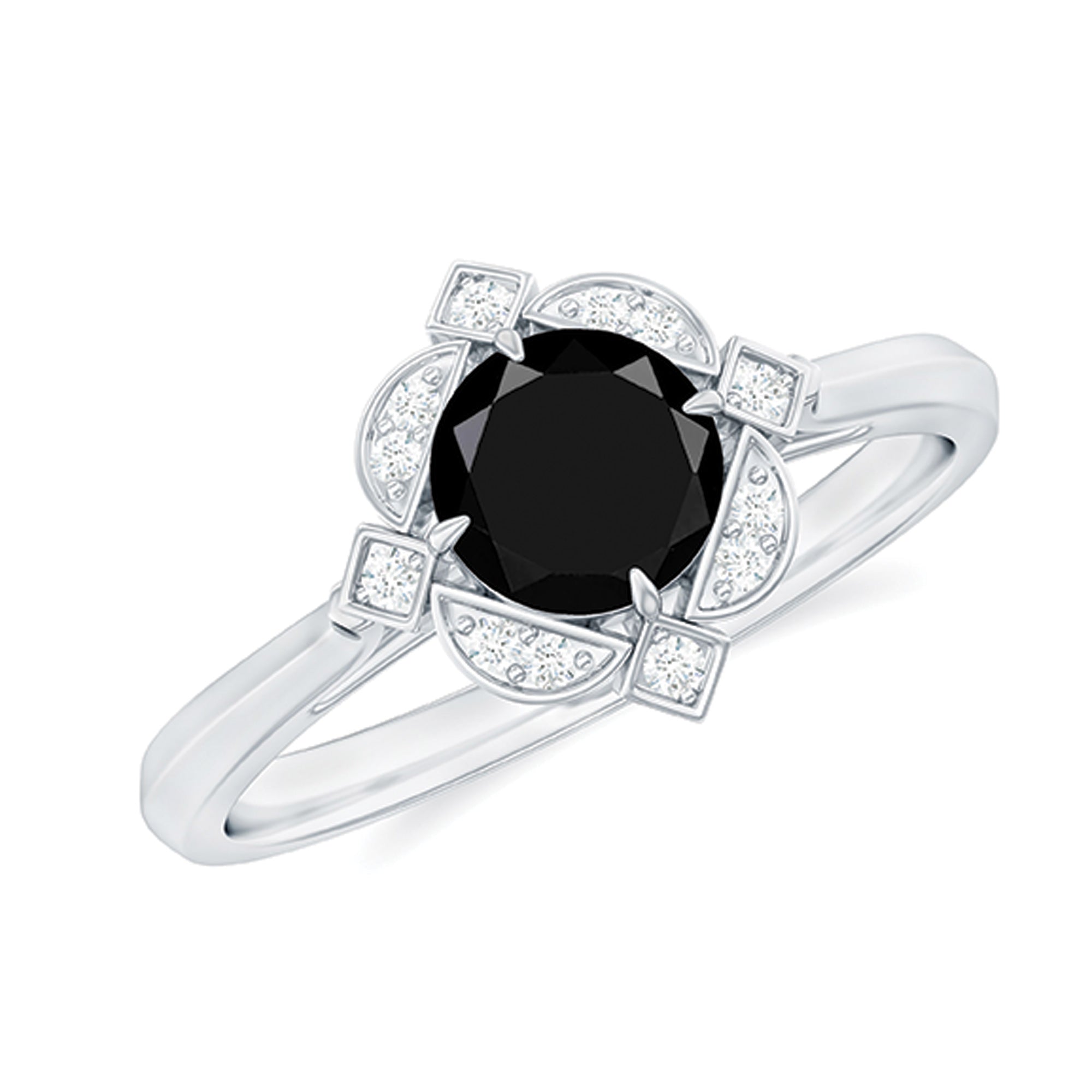 Vintage Style Round Black Onyx and Diamond Engagement Ring Black Onyx - ( AAA ) - Quality - Rosec Jewels