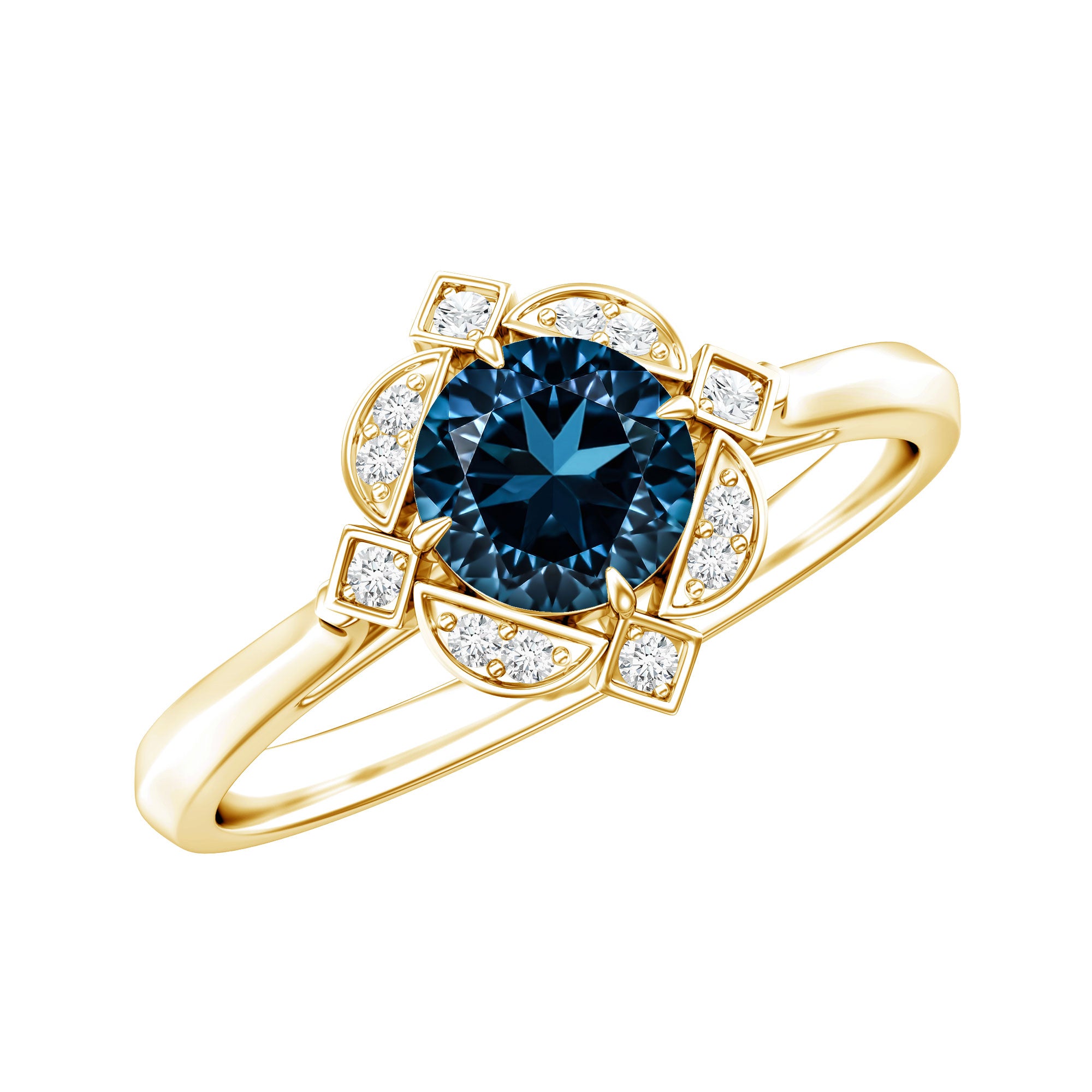 Round Cut London Blue Topaz and Diamond Flower Engagement Ring AAA - Rosec Jewels
