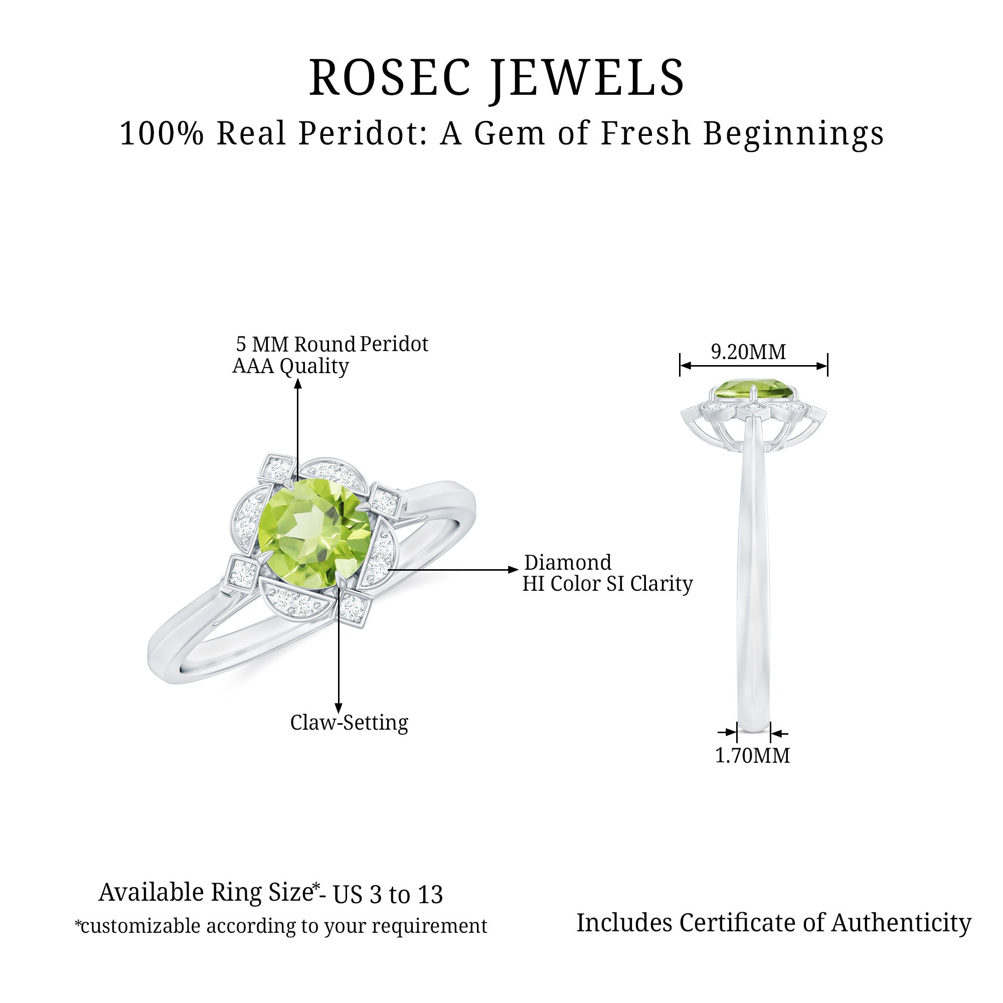 Vintage Inspired Round Peridot and Diamond Engagement Ring Peridot - ( AAA ) - Quality - Rosec Jewels