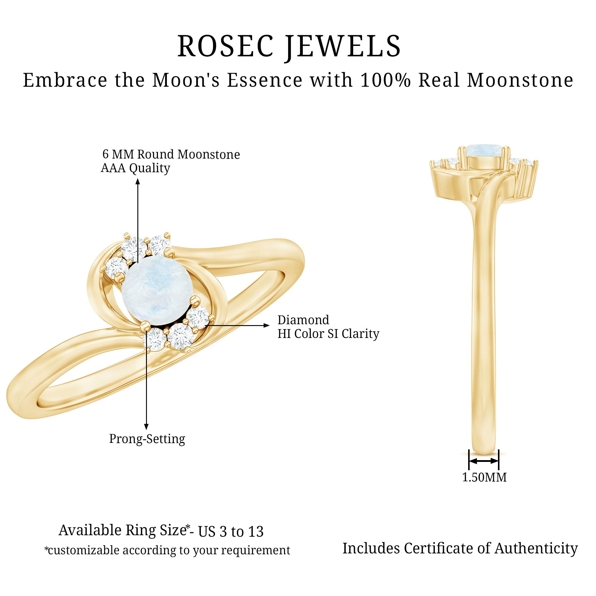 1/2 CT Moonstone and Diamond Bypass Promise Ring AAA - Rosec Jewels