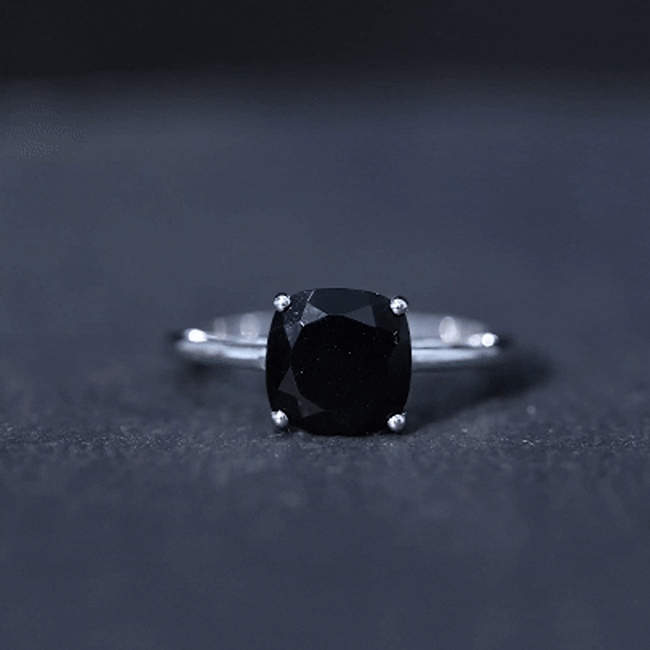 Certified Black Onyx 8MM Cushion Cut Engagement Ring AAA - Rosec Jewels