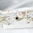 Rosec Jewels-Black Spinel and Diamond Vintage Engagement Ring in Silver