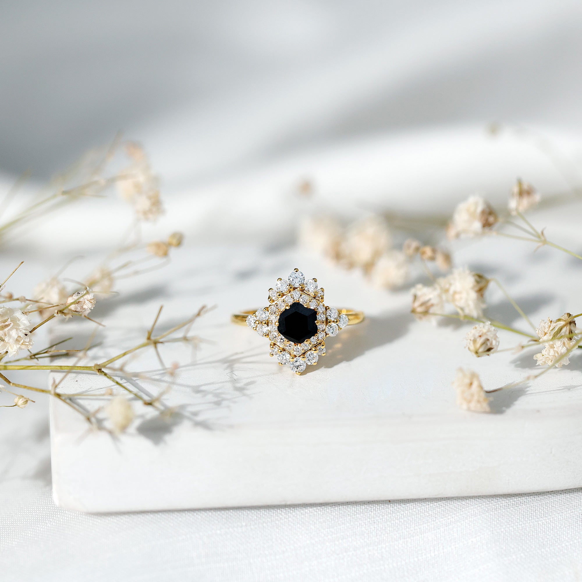 Rosec Jewels-Black Spinel and Diamond Vintage Engagement Ring in Silver