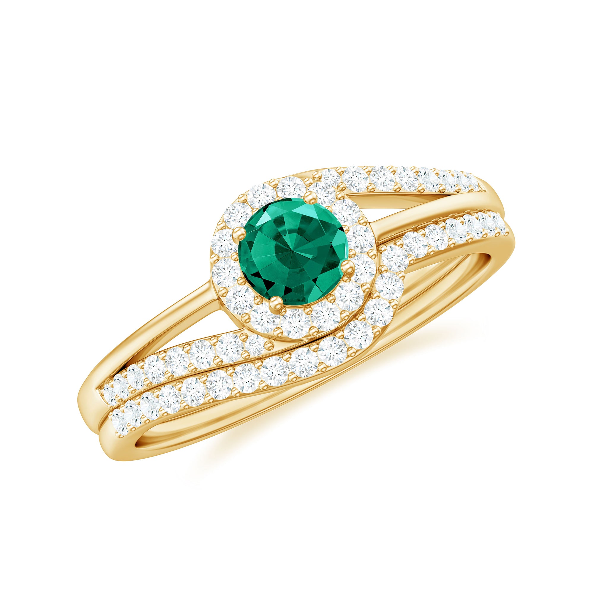 Created Emerald Bypass Wedding Ring Set with Diamond Accent Lab Created Emerald - ( AAAA ) - Quality - Rosec Jewels