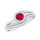 Certified Lab Ruby and Diamond Halo Wedding Ring Set AAAA - Rosec Jewels