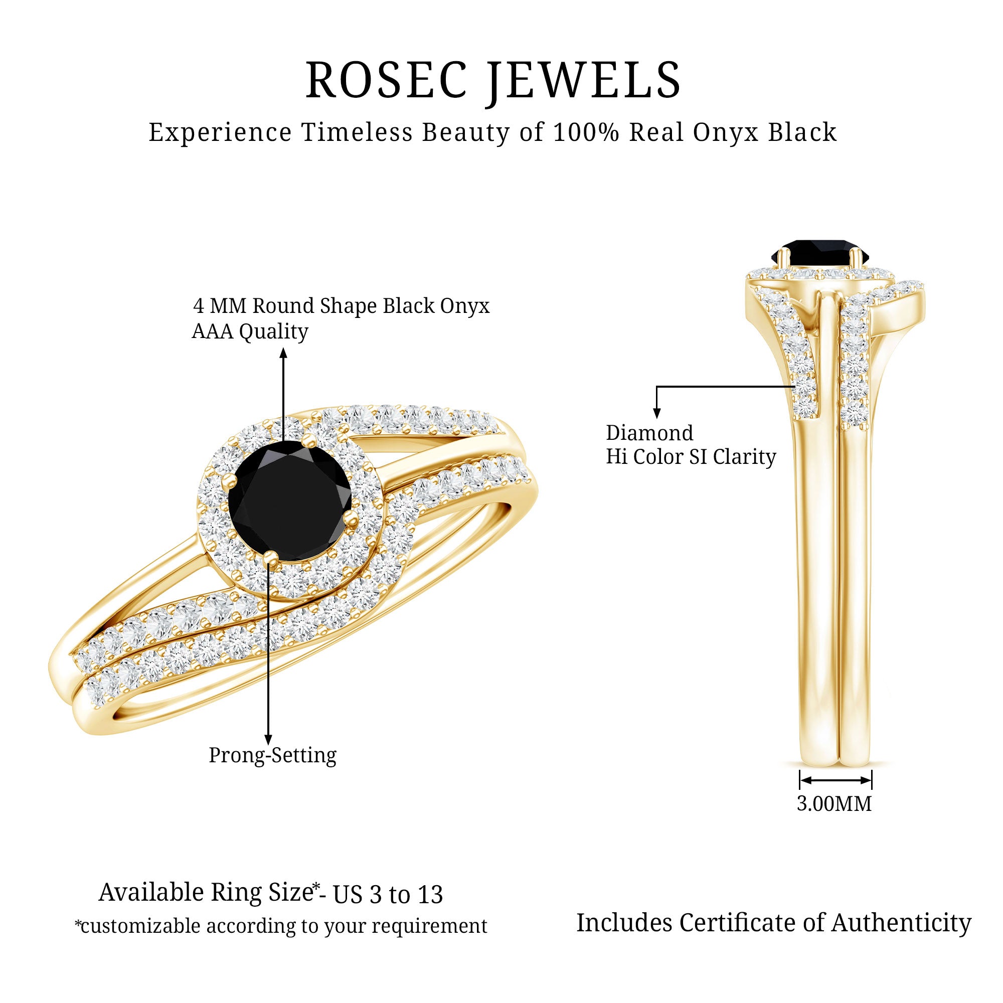 Black Onyx Minimal Wedding Rings Set with Diamond Curved Band AAA - Rosec Jewels