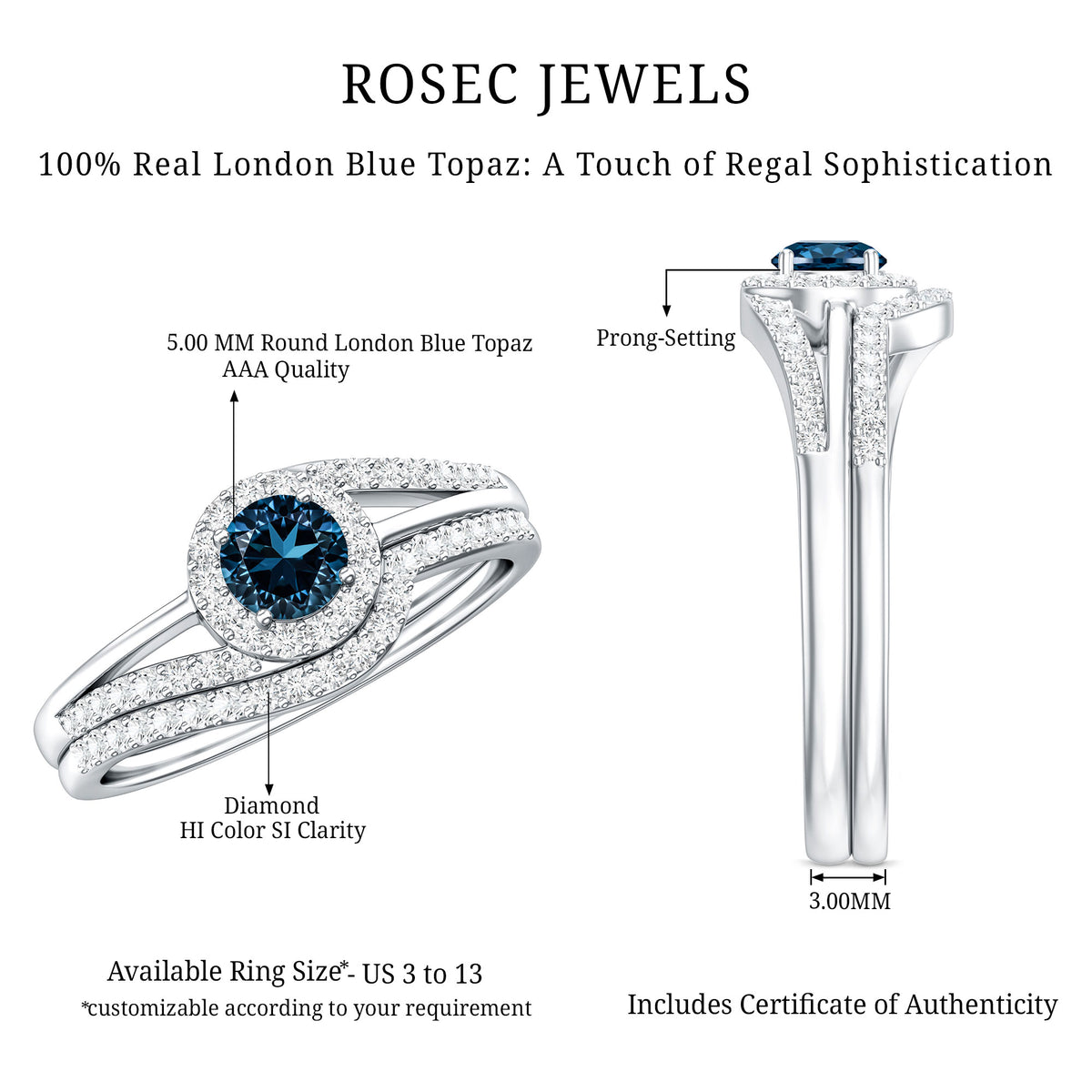 Certified London Blue Topaz and Diamond Halo Wedding Ring Set AAA - Rosec Jewels