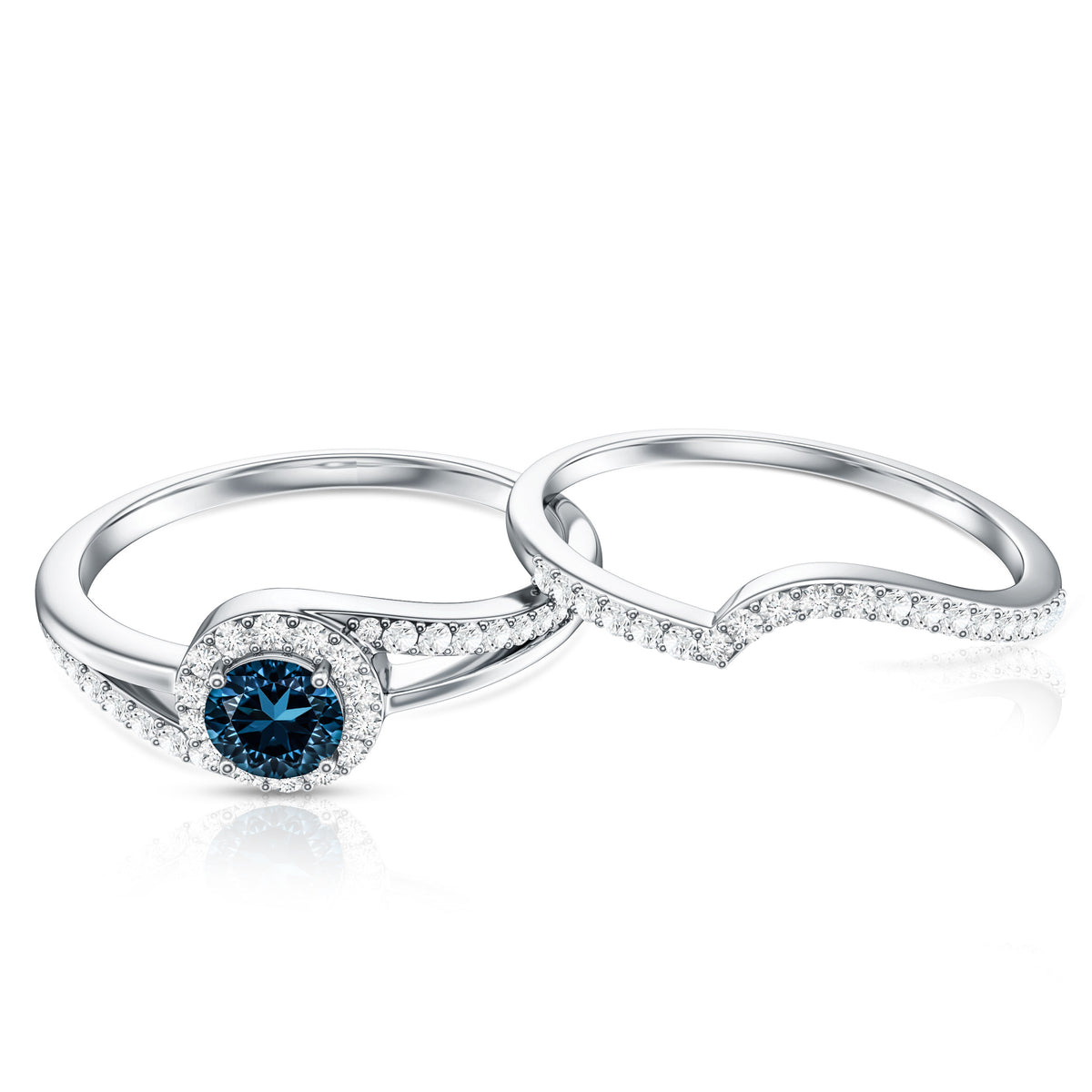 Certified London Blue Topaz and Diamond Halo Wedding Ring Set AAA - Rosec Jewels