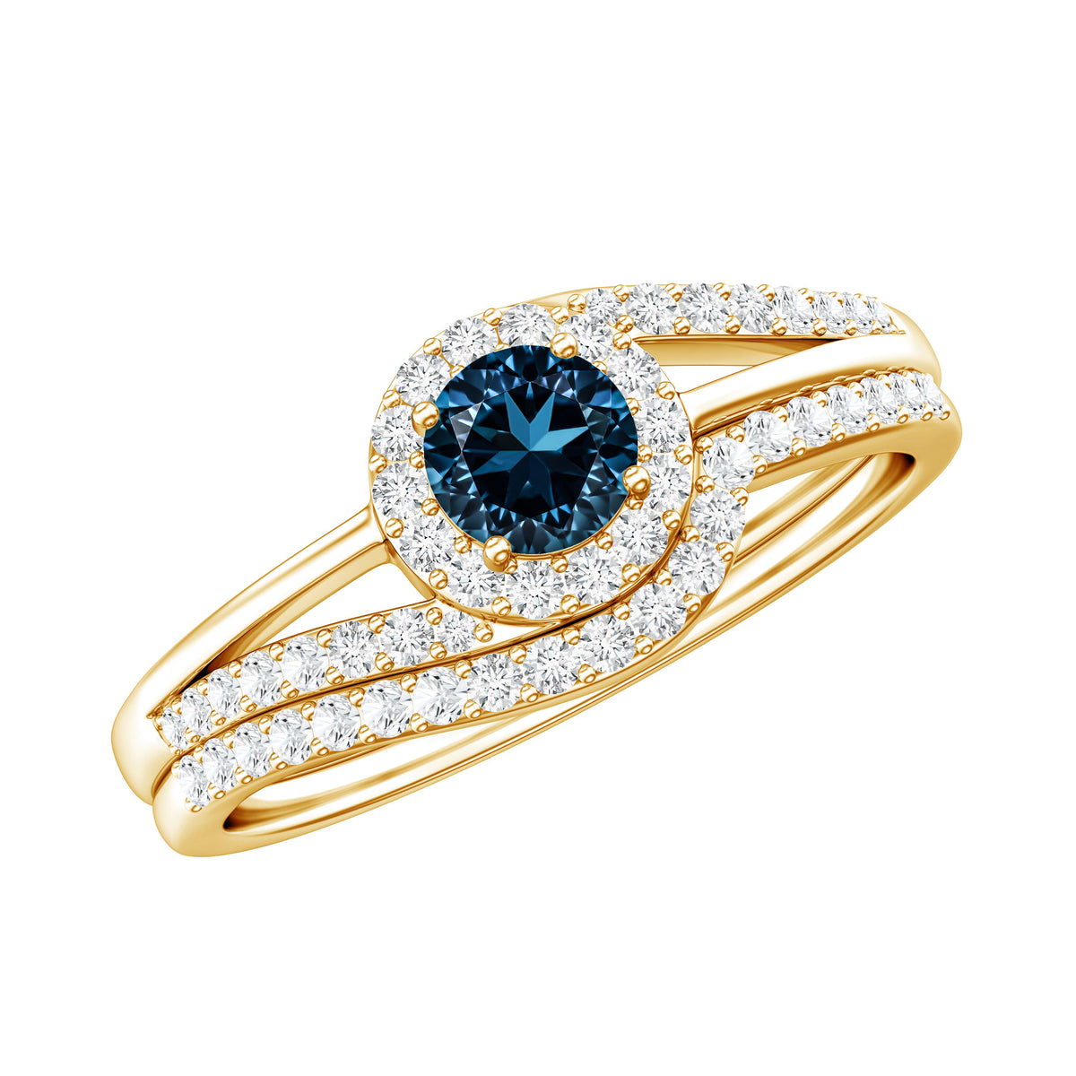 Certified London Blue Topaz and Diamond Halo Wedding Ring Set AAA - Rosec Jewels