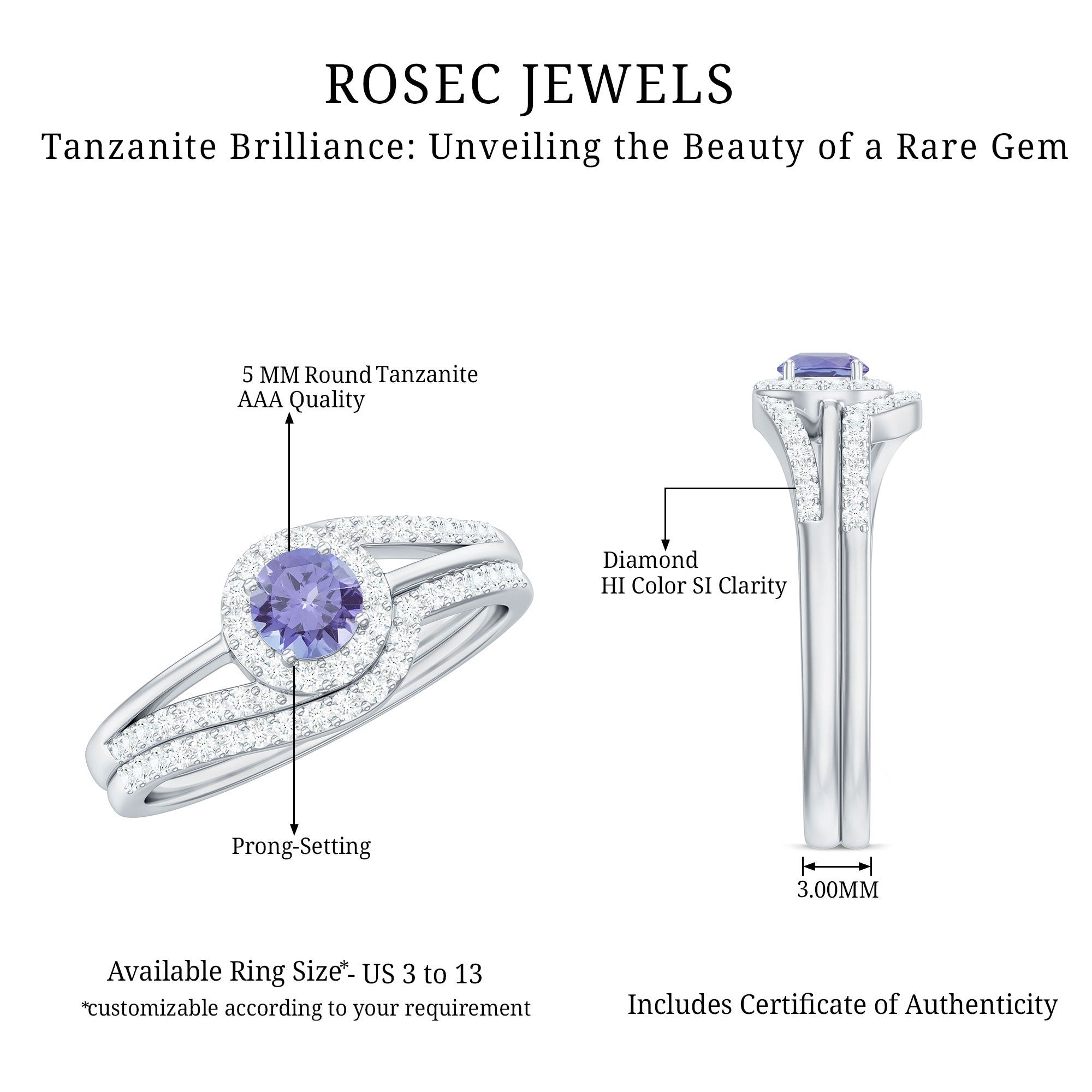 Rosec Jewels-Genuine Tanzanite Engagement Ring with Diamond Enhancer