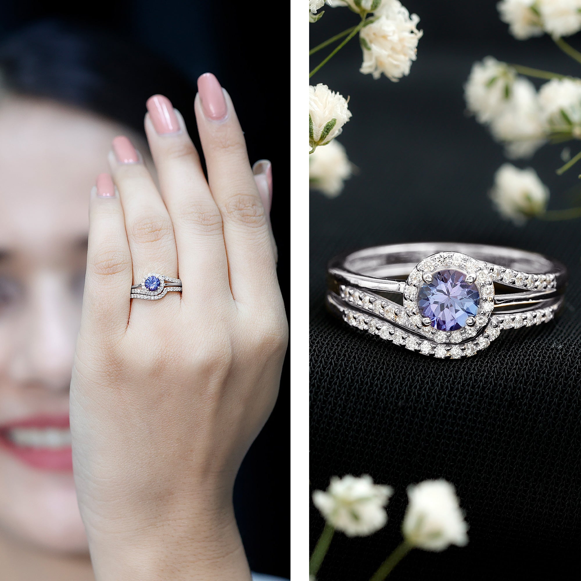 Rosec Jewels-Genuine Tanzanite Engagement Ring with Diamond Enhancer