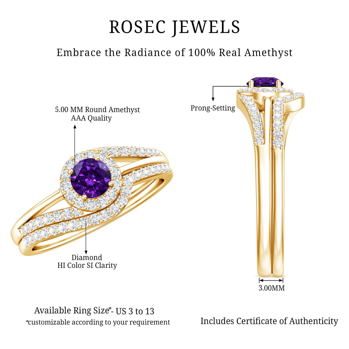 0.4 Carat Natural Amethyst Diamond Wedding Bridal Ring Set of 2 AAA - Rosec Jewels