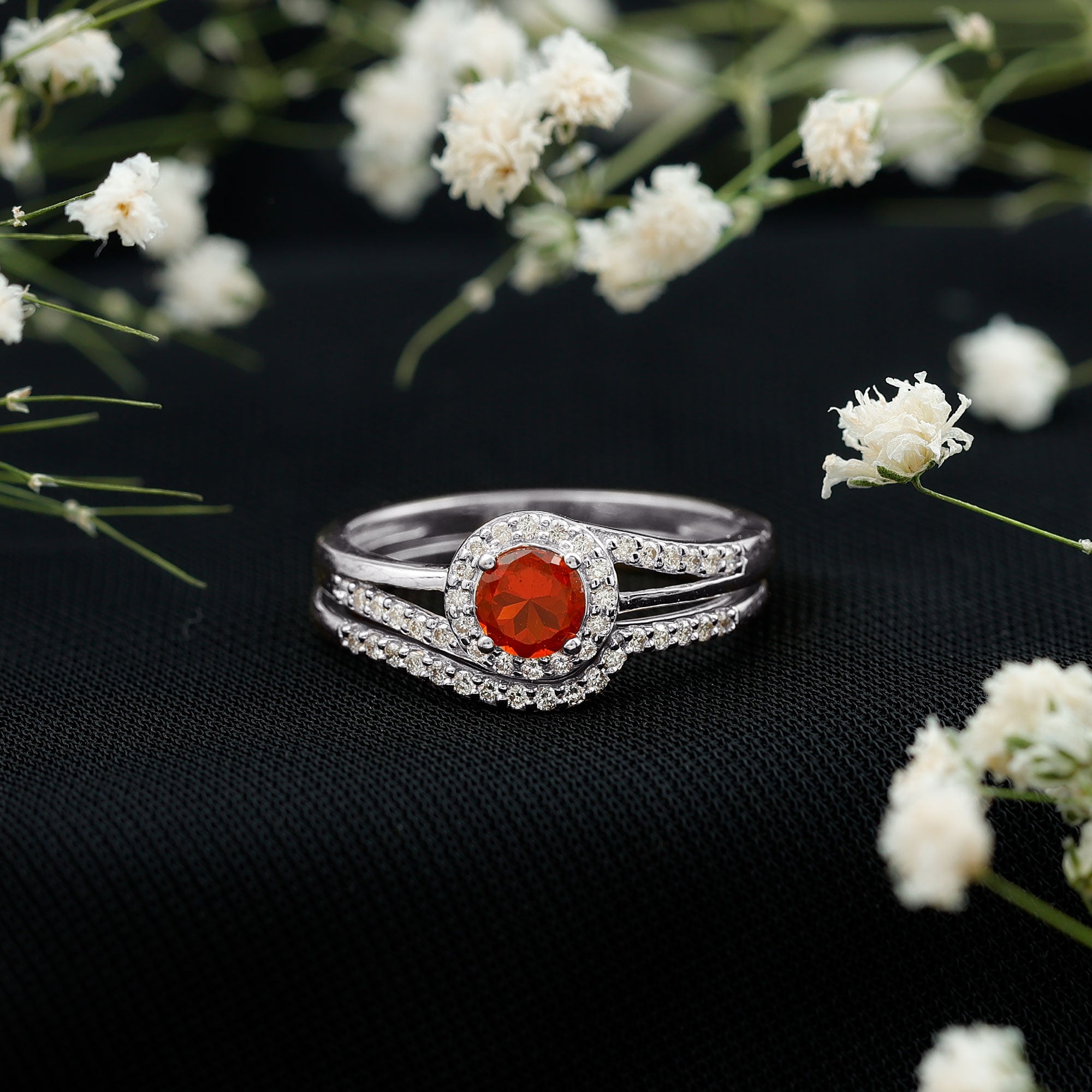 Certified Fire Opal Engagement Ring with Diamond Enhancer AAA - Rosec Jewels