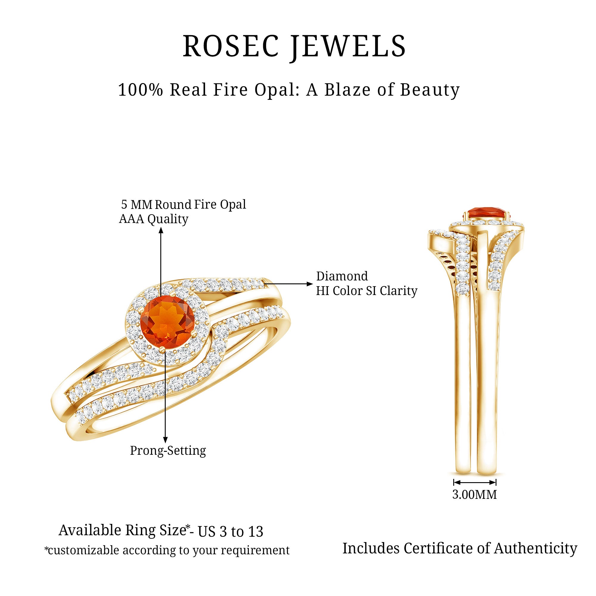 Certified Fire Opal Engagement Ring with Diamond Enhancer AAA - Rosec Jewels