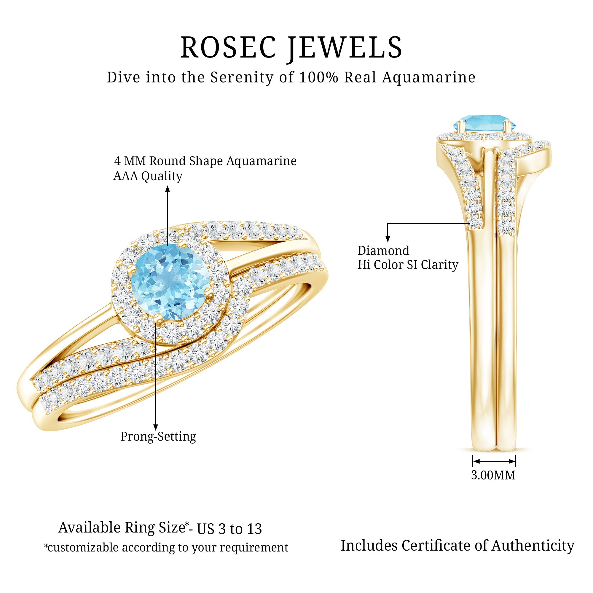 Certified Real Aquamarine Engagement Ring with Diamond Enhancer AAA - Rosec Jewels