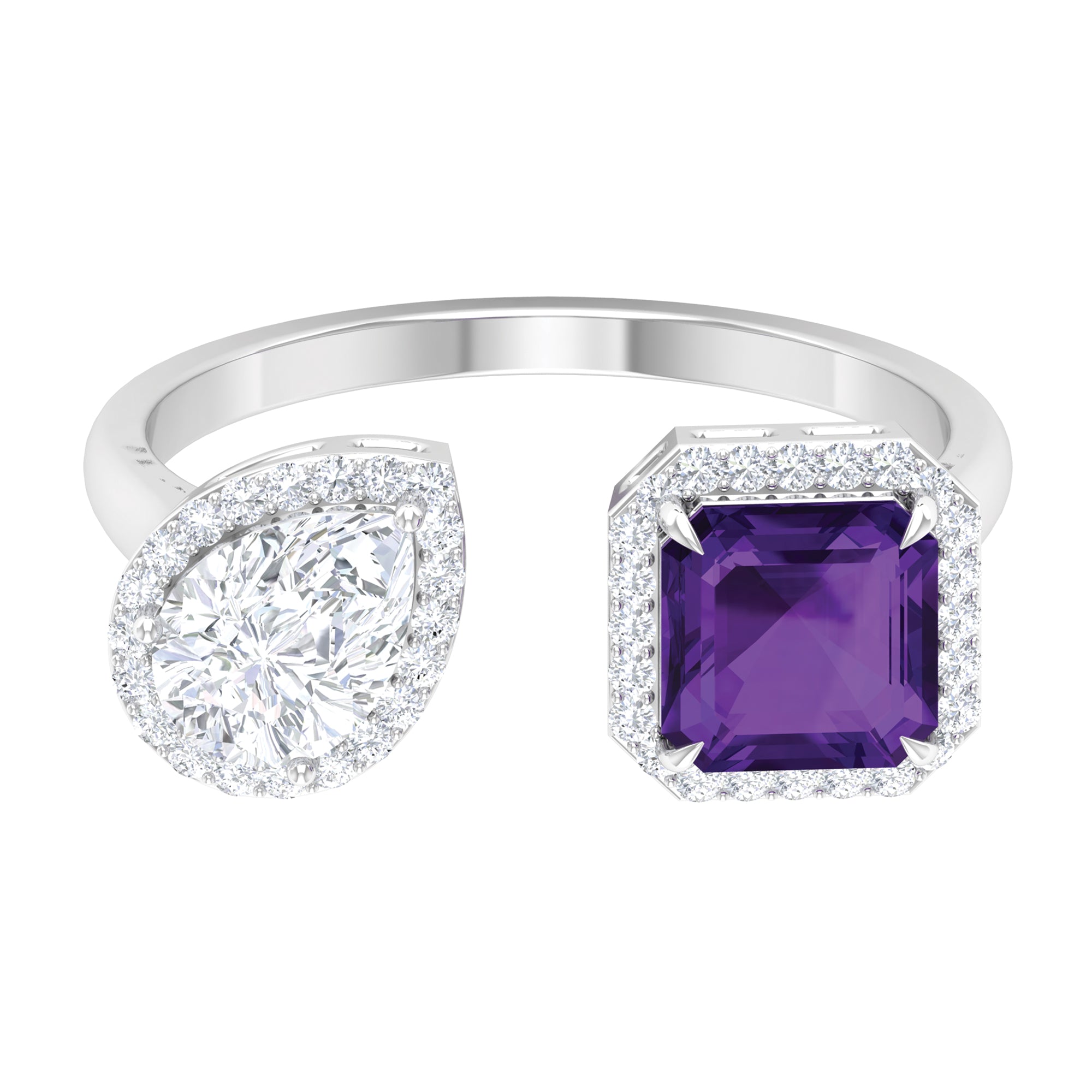 Two Stone Cuff Ring with Amethyst and Moissanite Amethyst - ( AAA ) - Quality - Rosec Jewels