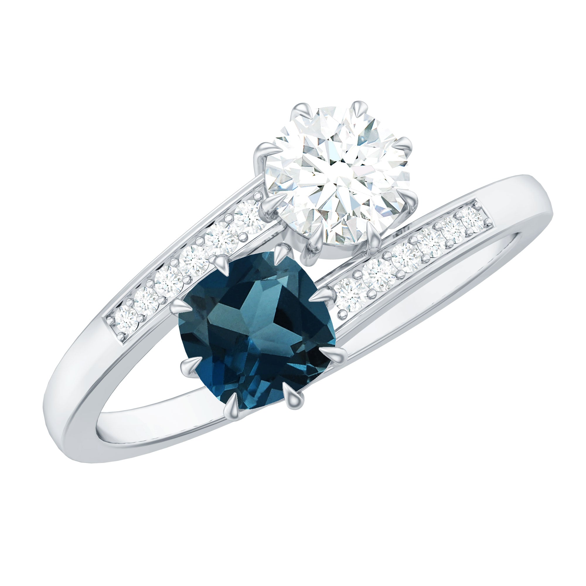 Designer Two Stone Engagement Ring with London Blue Topaz and Moissanite