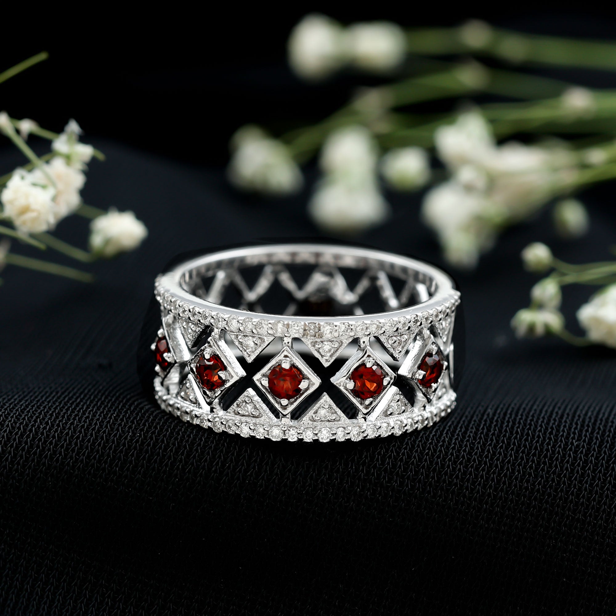Art Deco Garnet Diamond Thick Wedding Band with Certificate AAA - Rosec Jewels