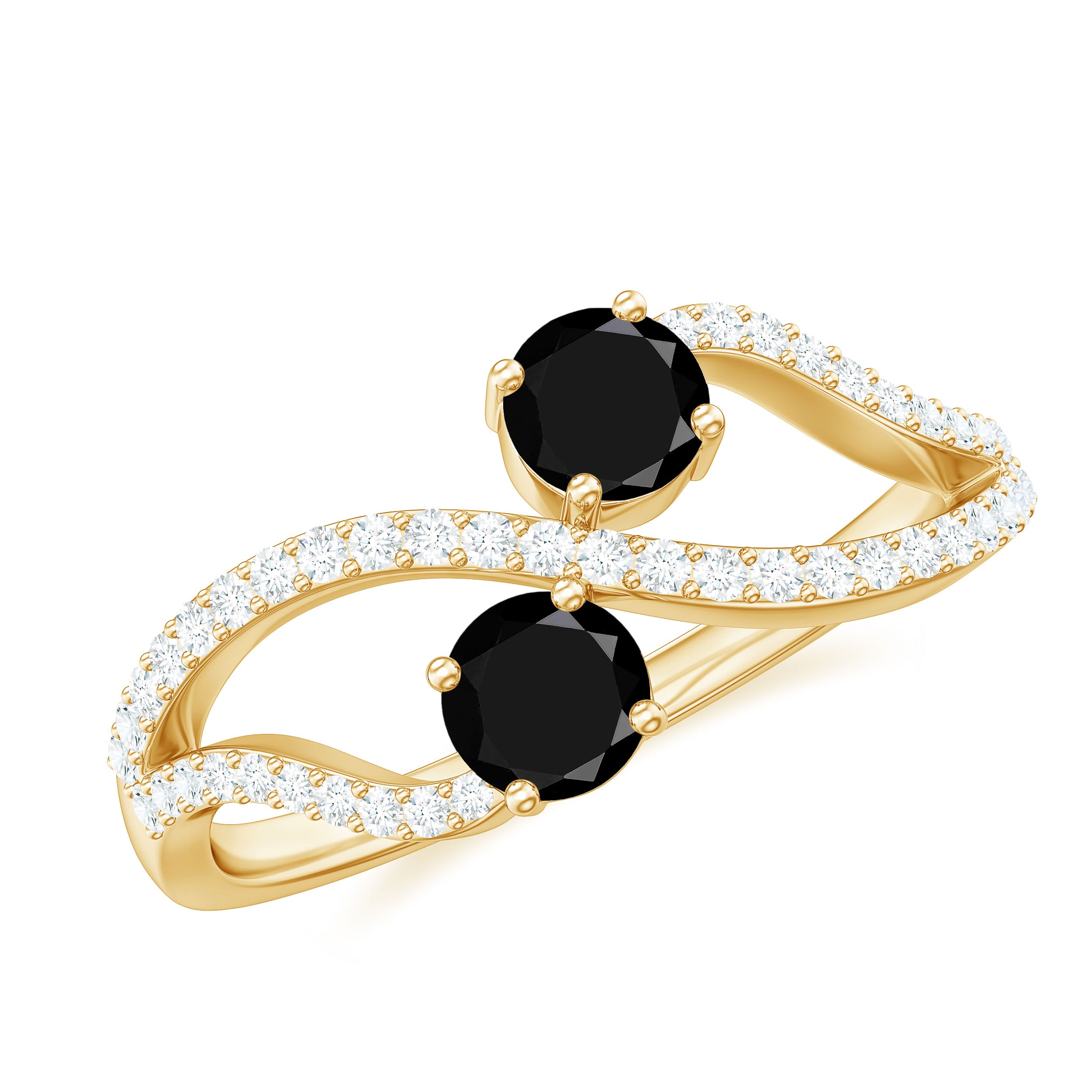 Natural Black Onyx 2 Stone Promise Ring with Diamond AAA - Rosec Jewels